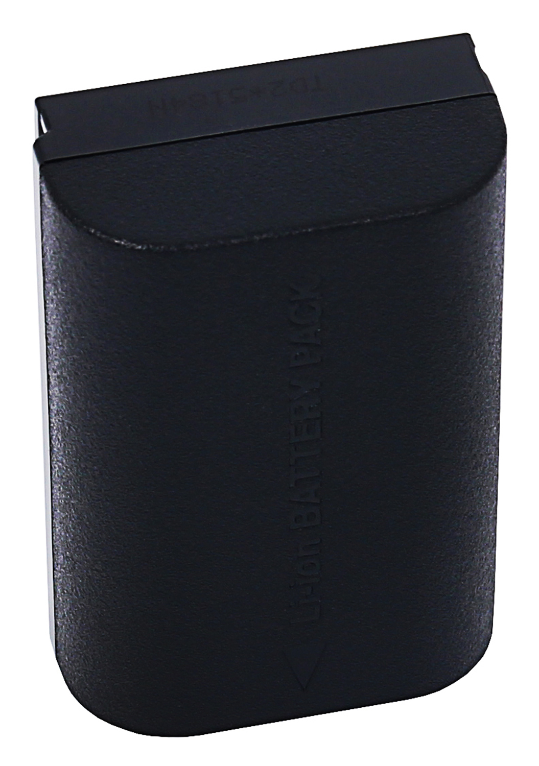 Batteria nera per fotocamera con etichetta 'Li-ion Battery Pack' e freccia direzionale.