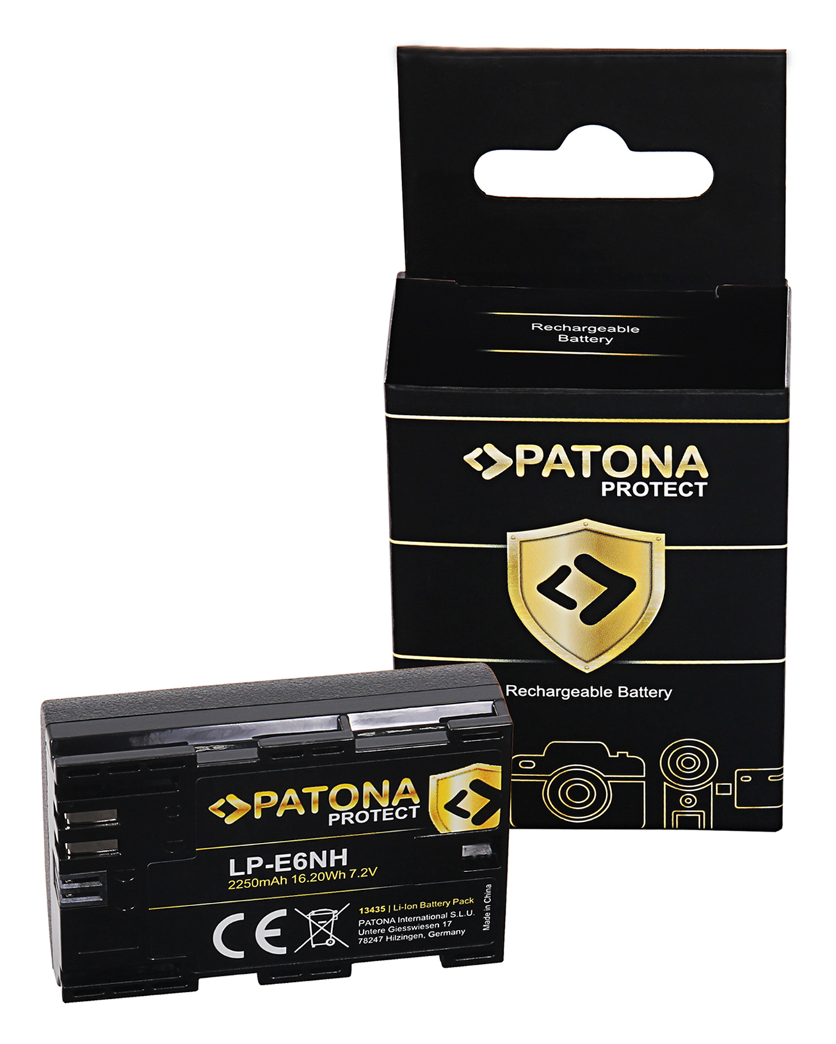 Batteria nera per fotocamera con la sua confezione. L'etichetta mostra il modello LP-E6NH, le specifiche e il marchio CE.