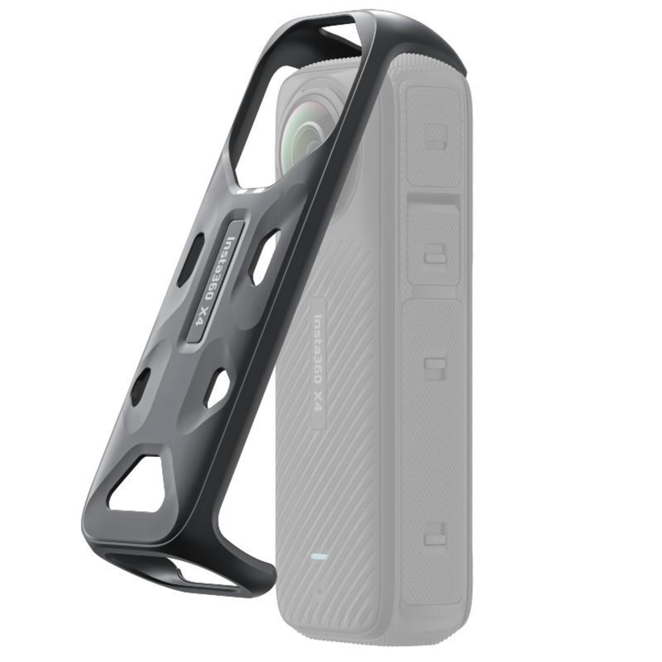 Schwarzes Insta360 X4 Kameragehäuse, um einen Kamerabody gewickelt. Hat offene Bereiche für Linse und Knöpfe.