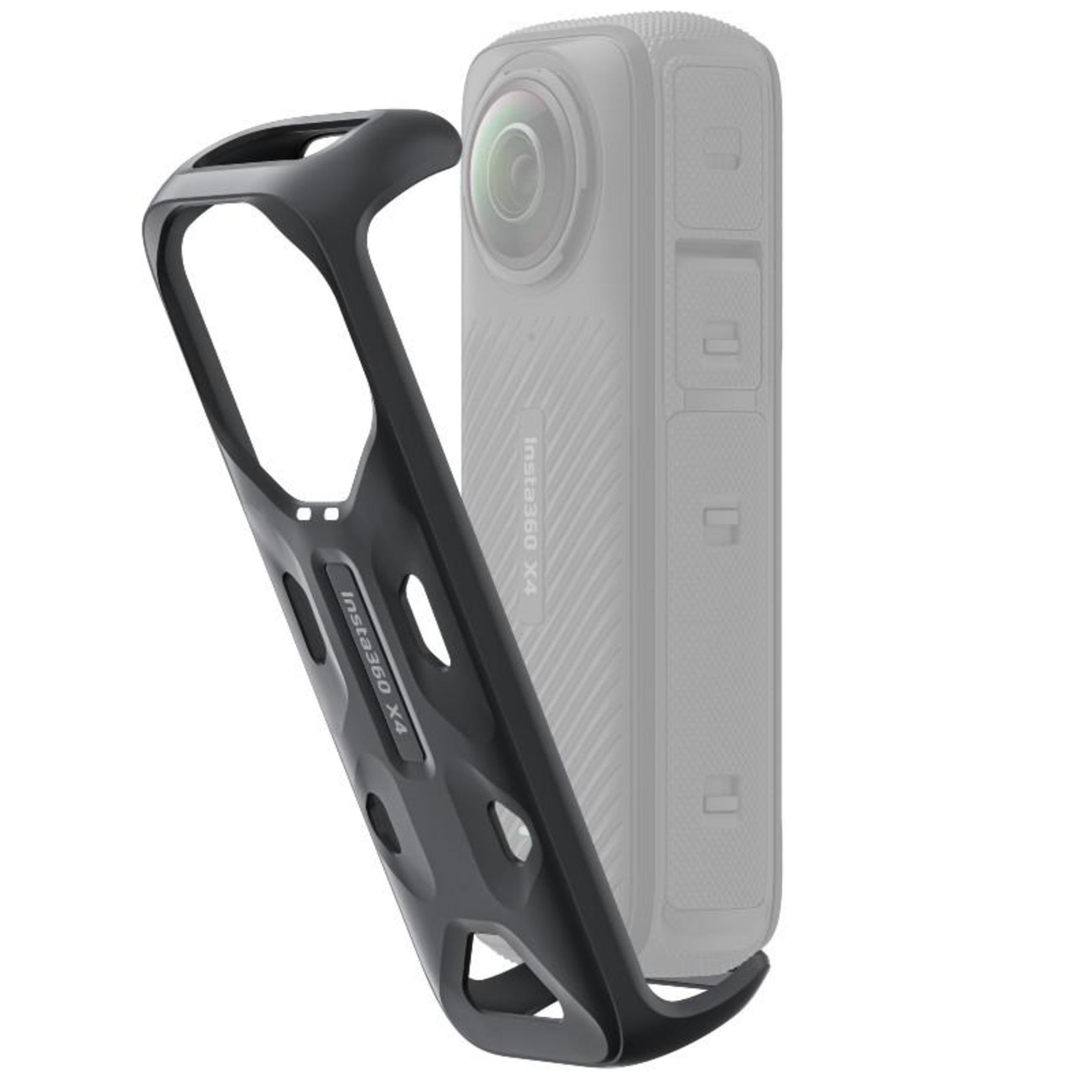 Schwarze Schutzhülle für Insta360 X4. Gebogen, mit Aussparungen, umschließt die Kamera.