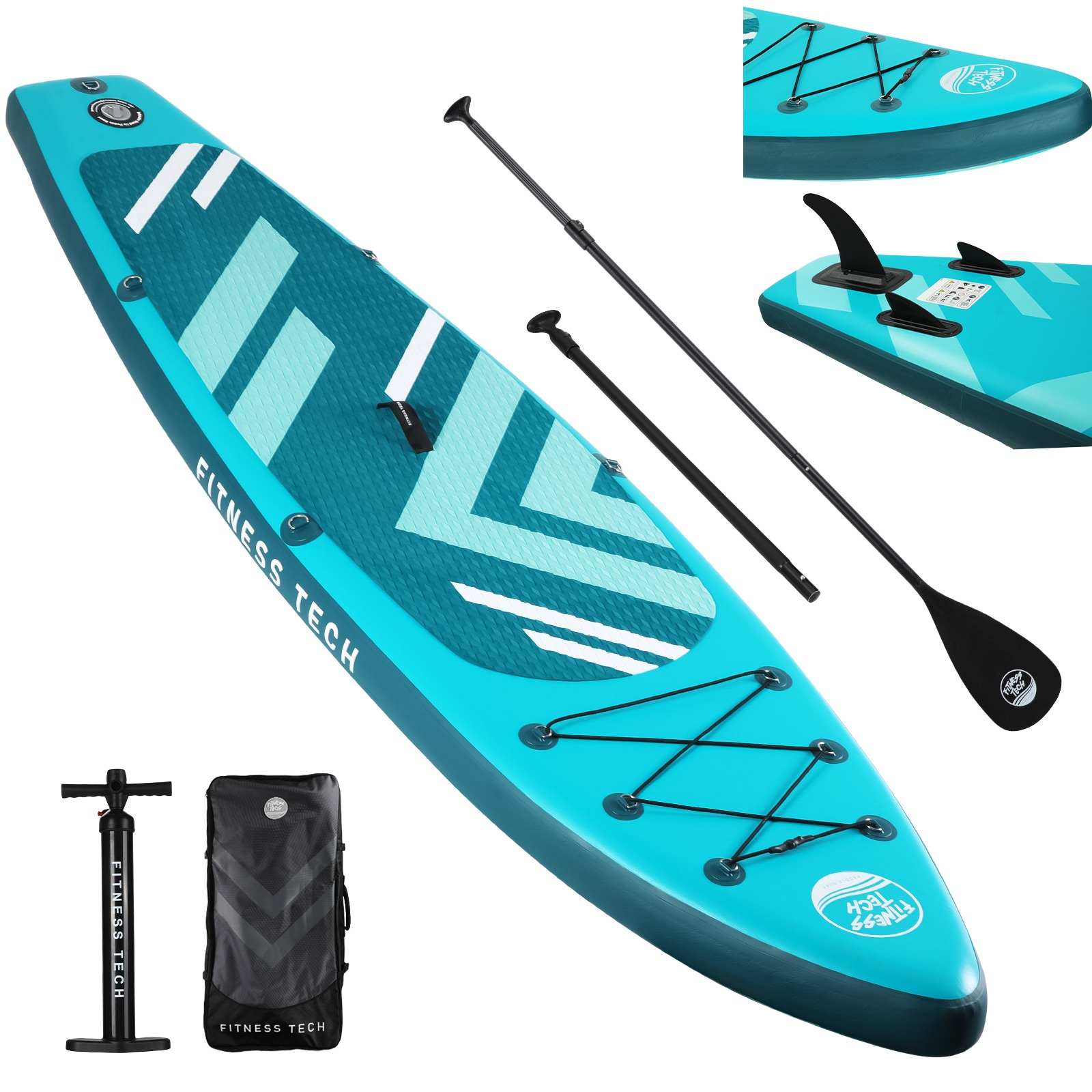 Tabla de paddle surf Fitness Tech azul. Accesorios: remo, bomba y aleta. Fondo blanco.