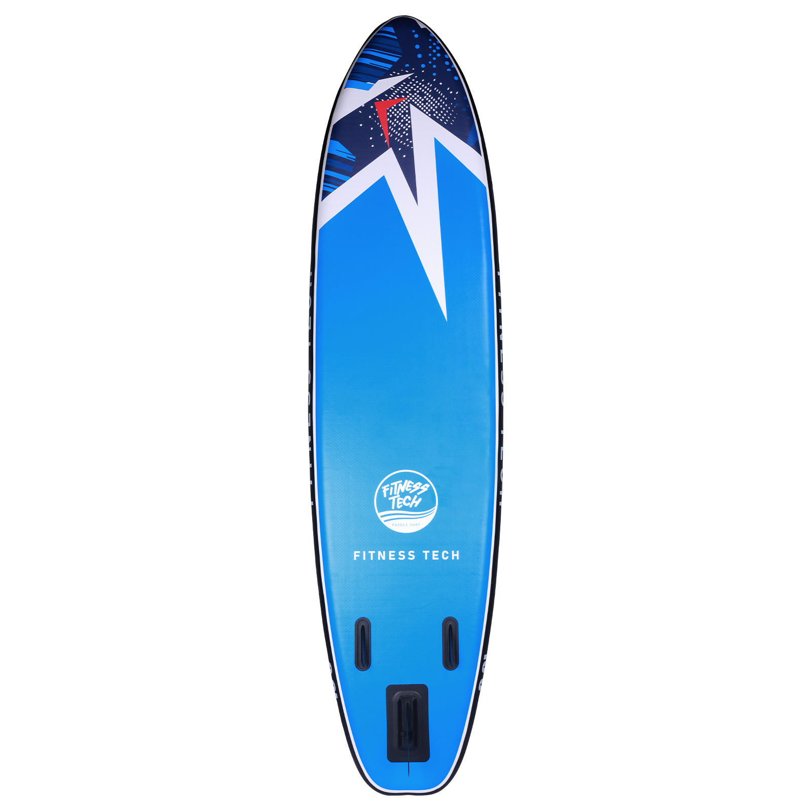 Tabla de paddle surf Fitness Tech azul con diseño blanco. Fondo blanco.