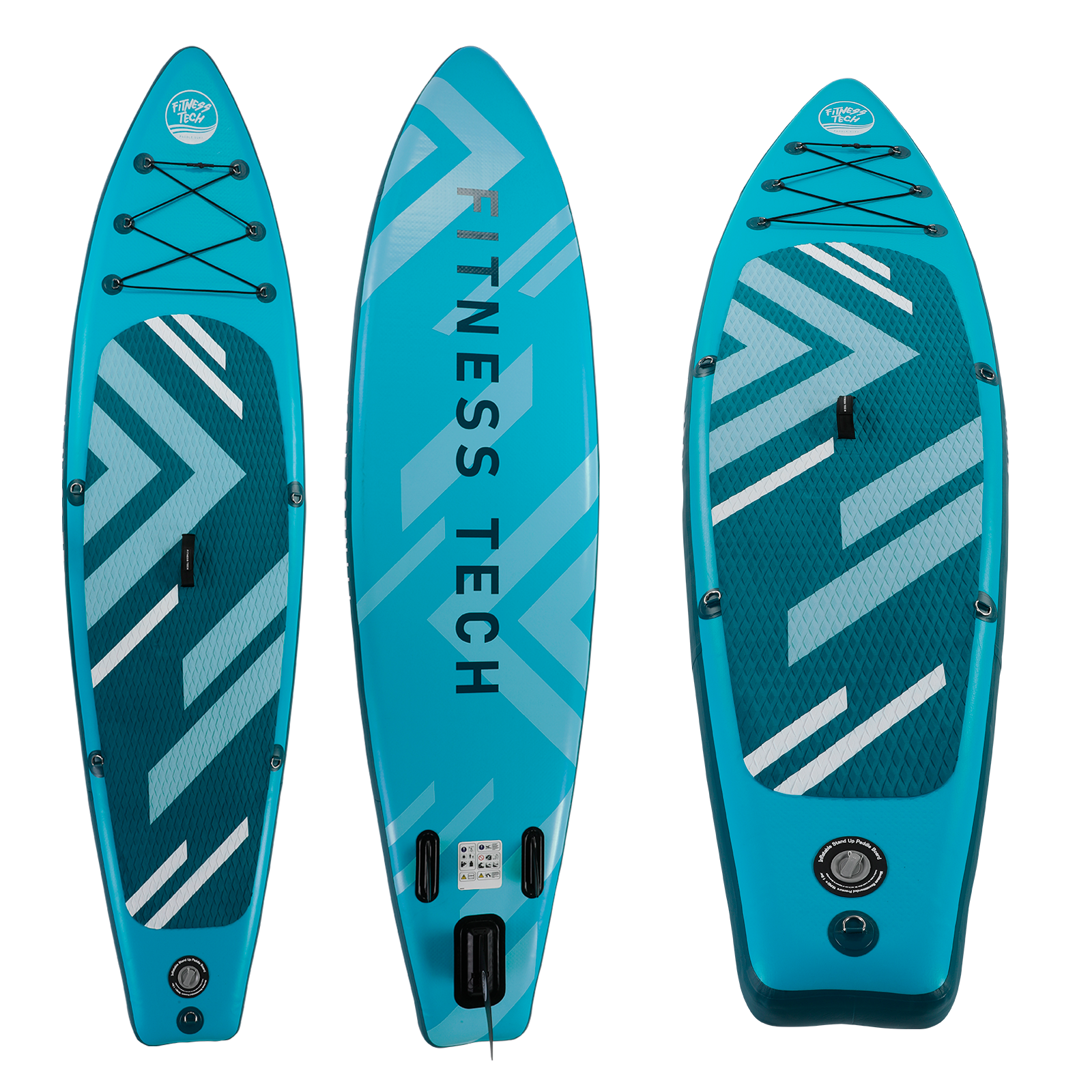 Tres tablas de paddle azules con texto y elementos de diseño, vistas desde arriba.