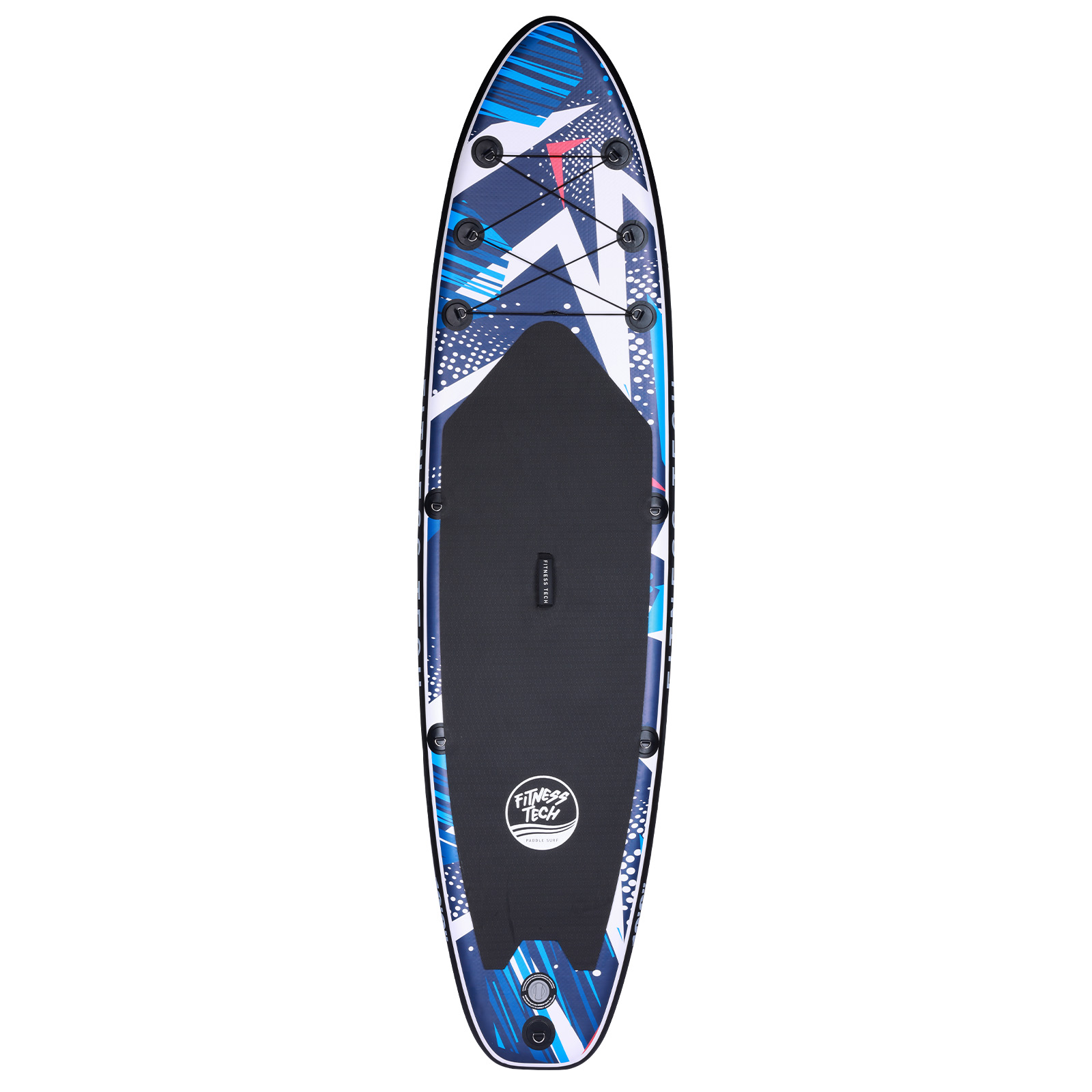 Tabla de paddle azul y blanca con cubierta negra y logo, vista desde arriba.