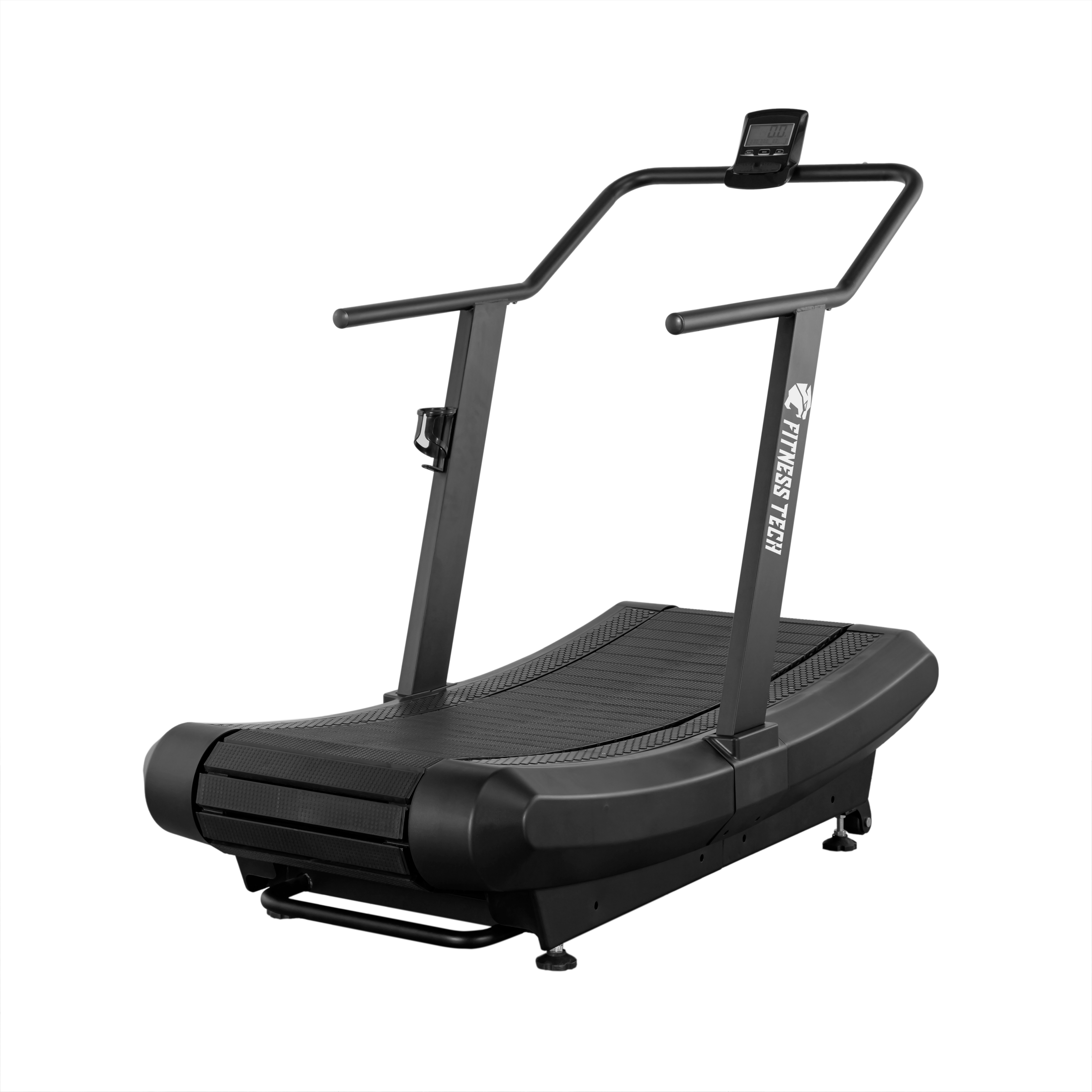 Cinta de correr negra con logo Fitness Tech y superficie curva.