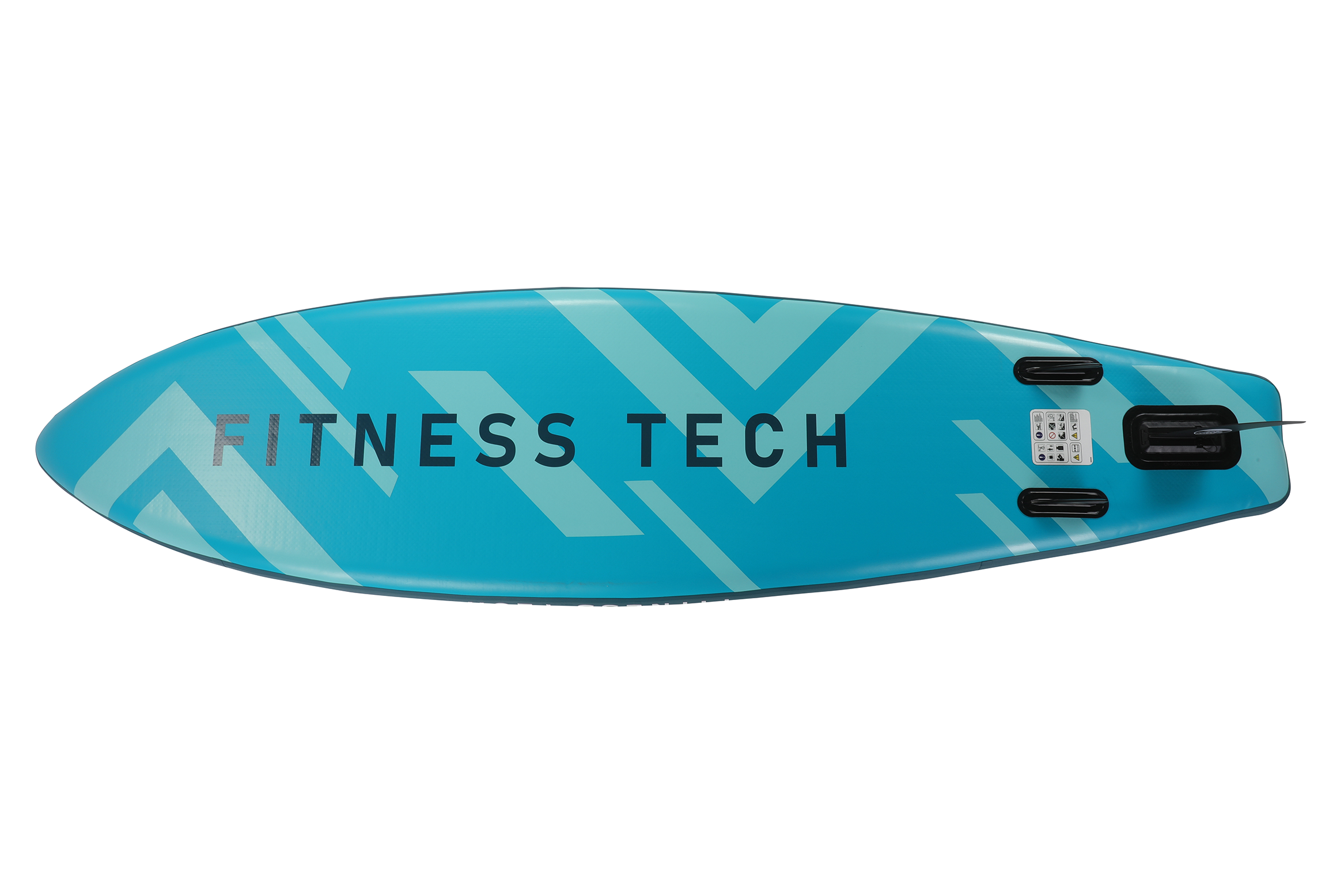 Tabla de paddle azul con texto y elementos de diseño, vista desde abajo.
