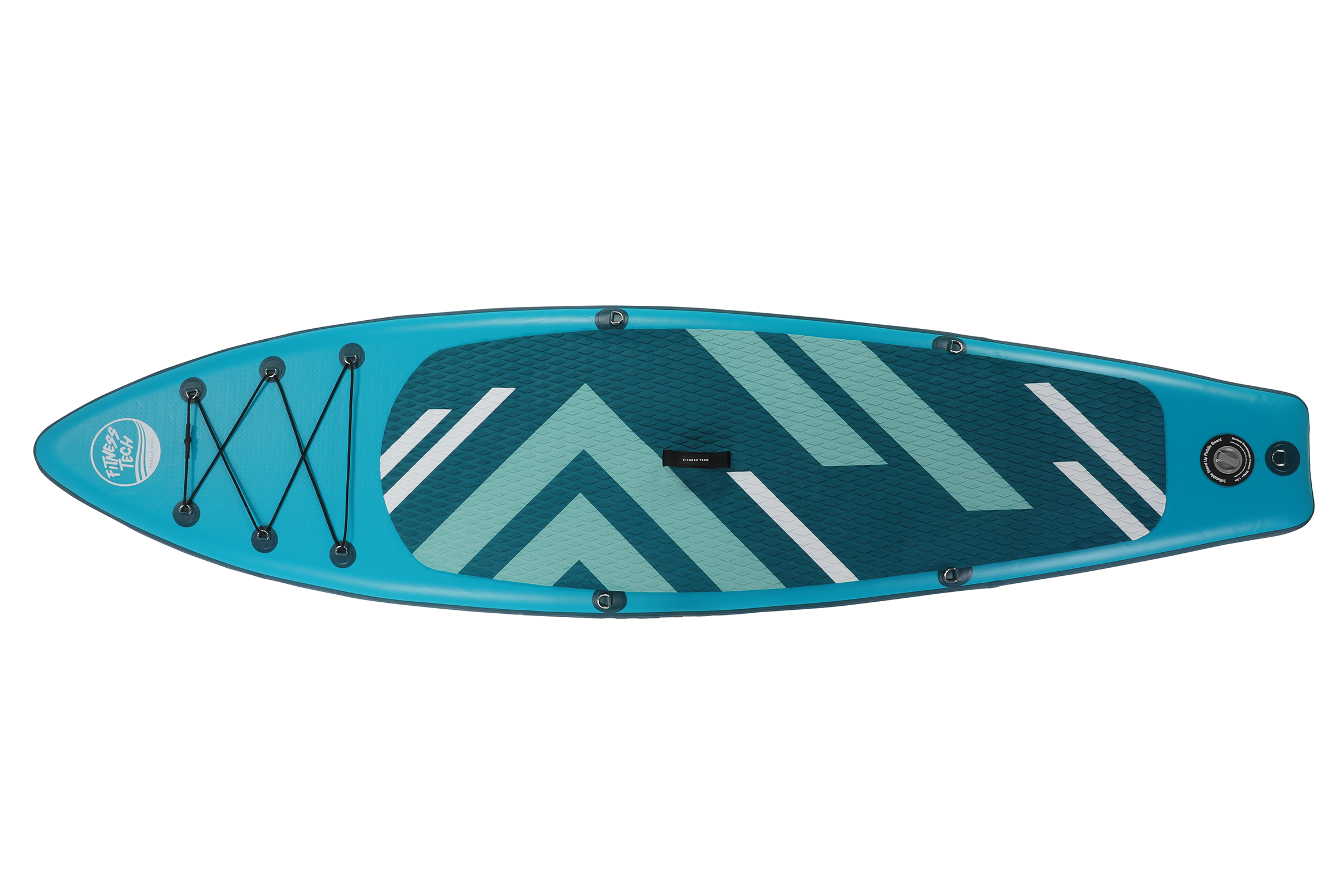 Tabla de paddle surf azul con cubierta estampada. Cuerda negra y logo al frente.