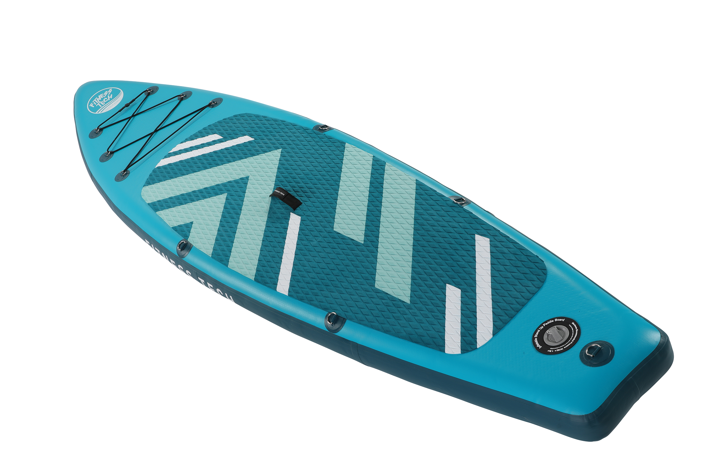 Tabla de paddle surf turquesa con cubierta estampada. Cuerda negra y logo al frente.