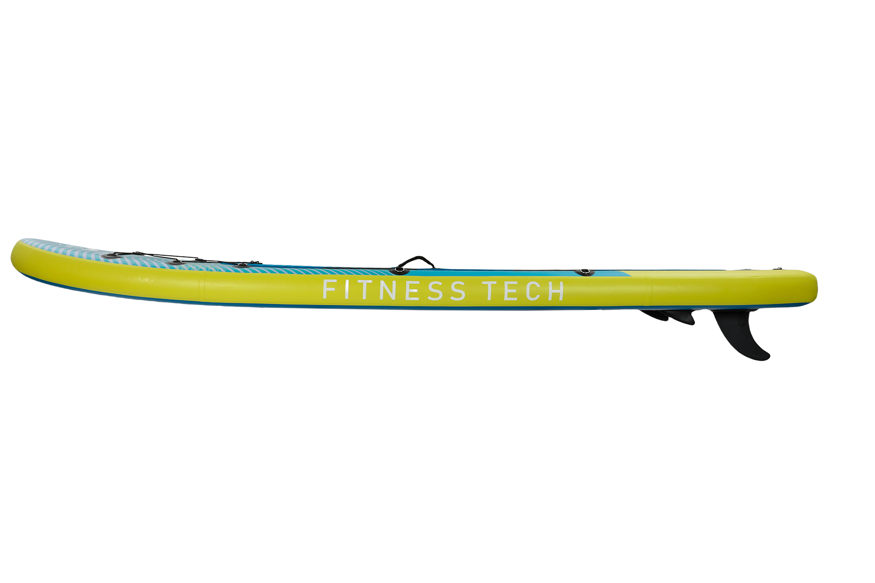 Tabla de paddle surf amarilla con detalles azules y turquesas. Aleta negra y logo visibles.