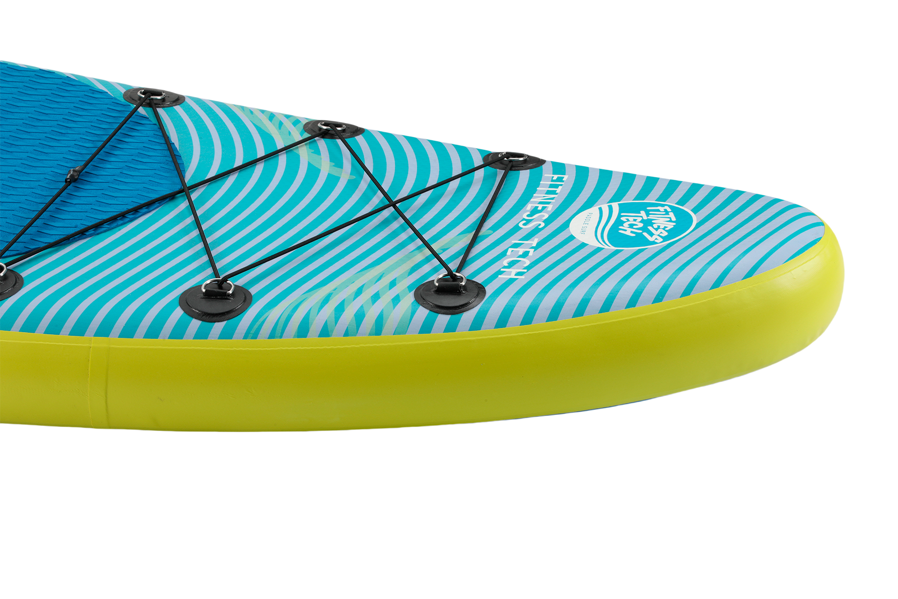 Primer plano de la proa de la tabla de paddle surf. Diseño azul y blanco, borde amarillo. Logo Fitness Tech visible.