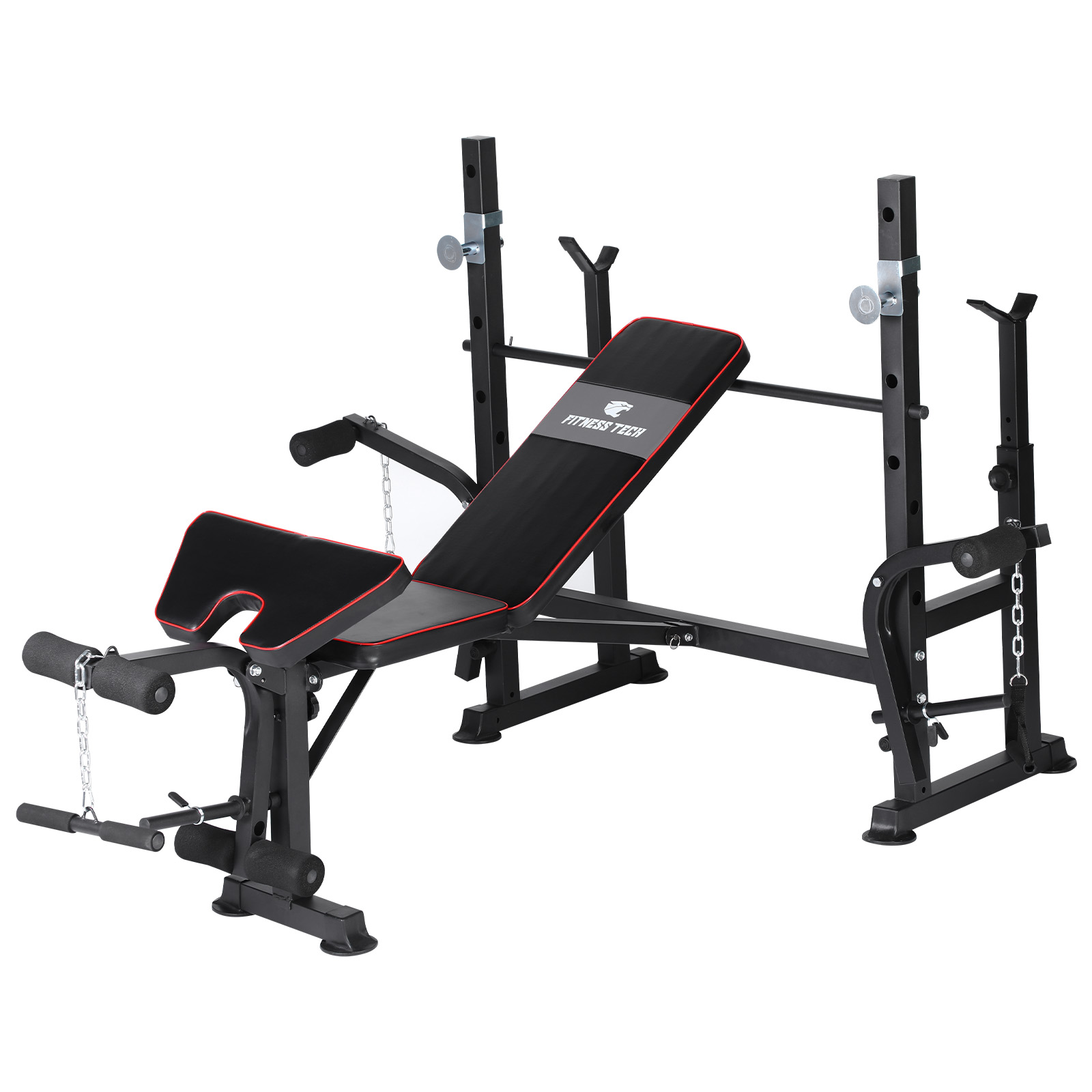 Banco de pesas. Marco negro, detalles rojos, logo Fitness Tech. Partes ajustables. Fondo blanco.