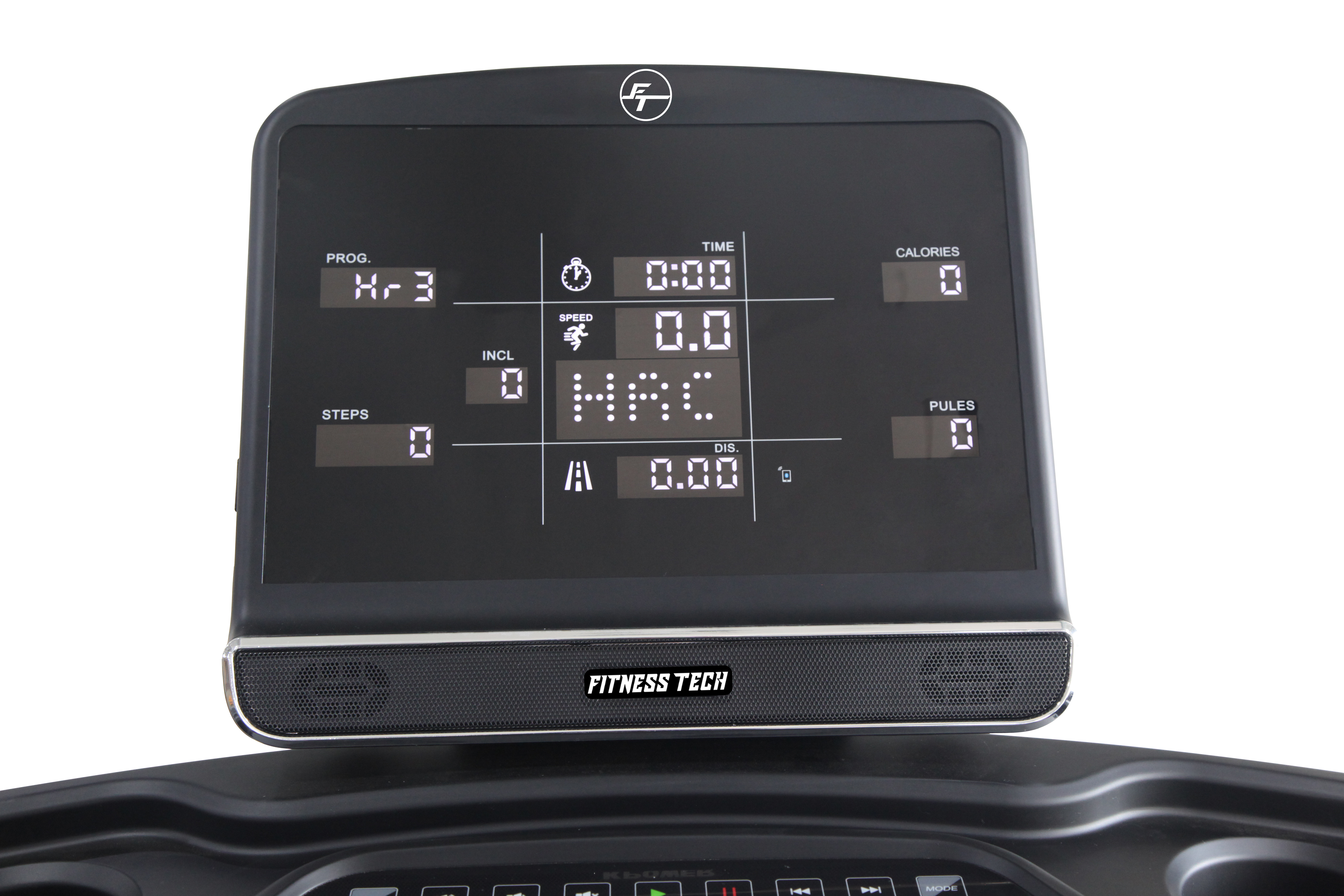 Console del tapis roulant con display digitale che mostra tempo, velocità e dettagli del programma. Bianco e nero.