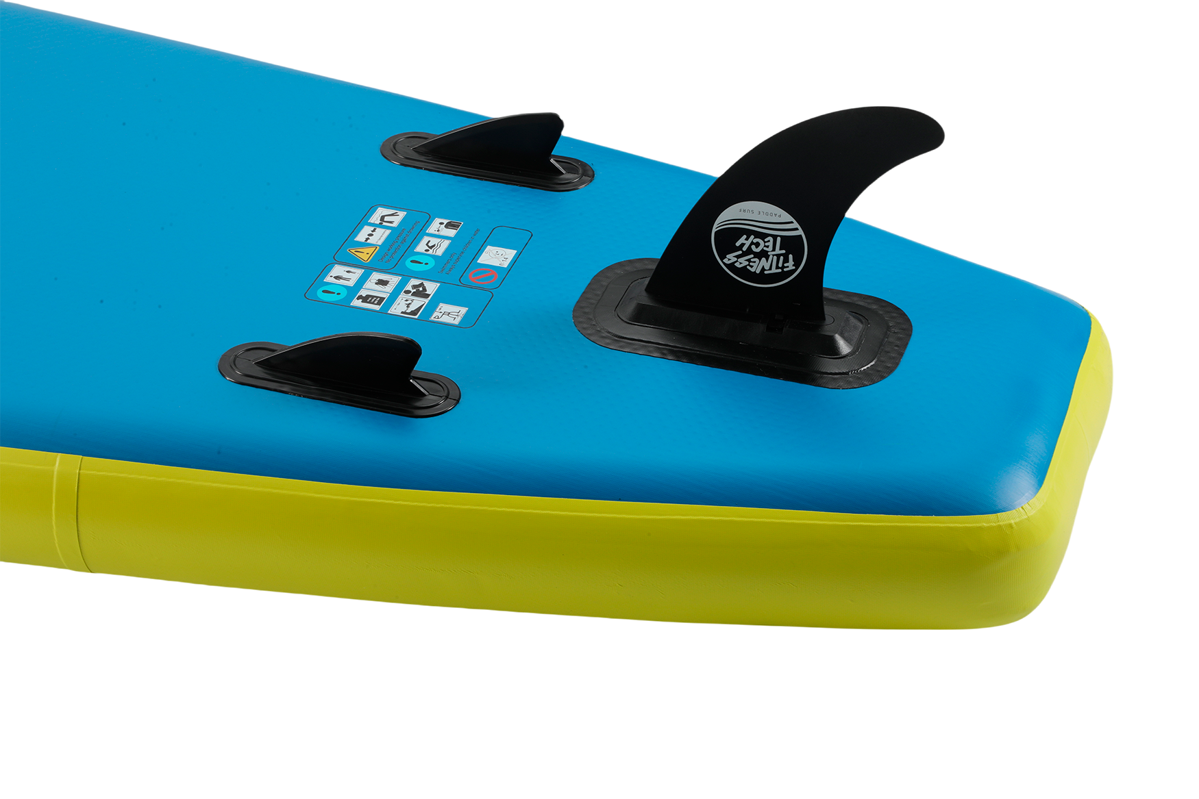Primer plano de las aletas de paddle surf. Azul y amarillo. Logotipo de Fitness Tech. Fondo negro.