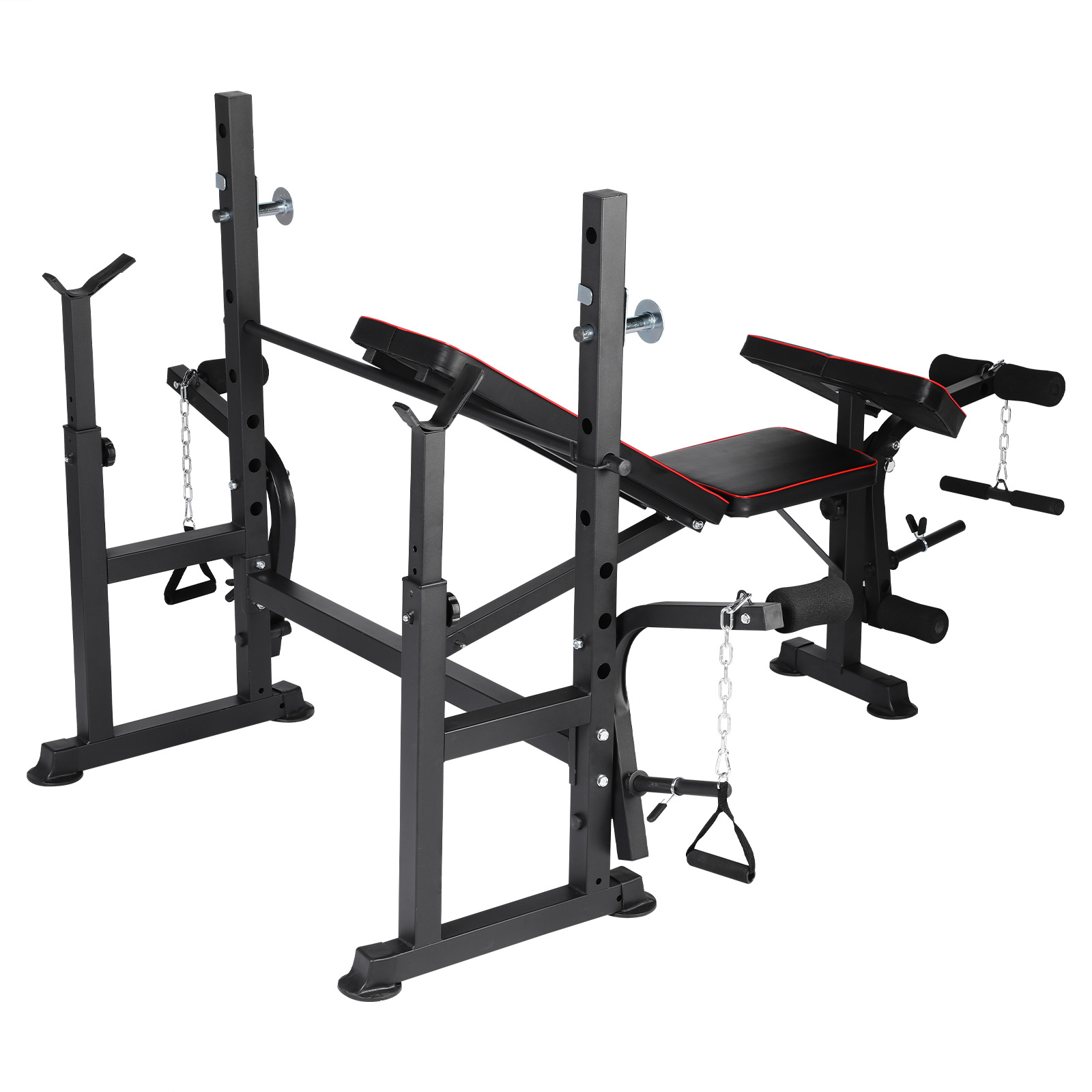 Banco de pesas. Marco negro, detalles rojos, logo Fitness Tech. Partes ajustables. Fondo blanco.