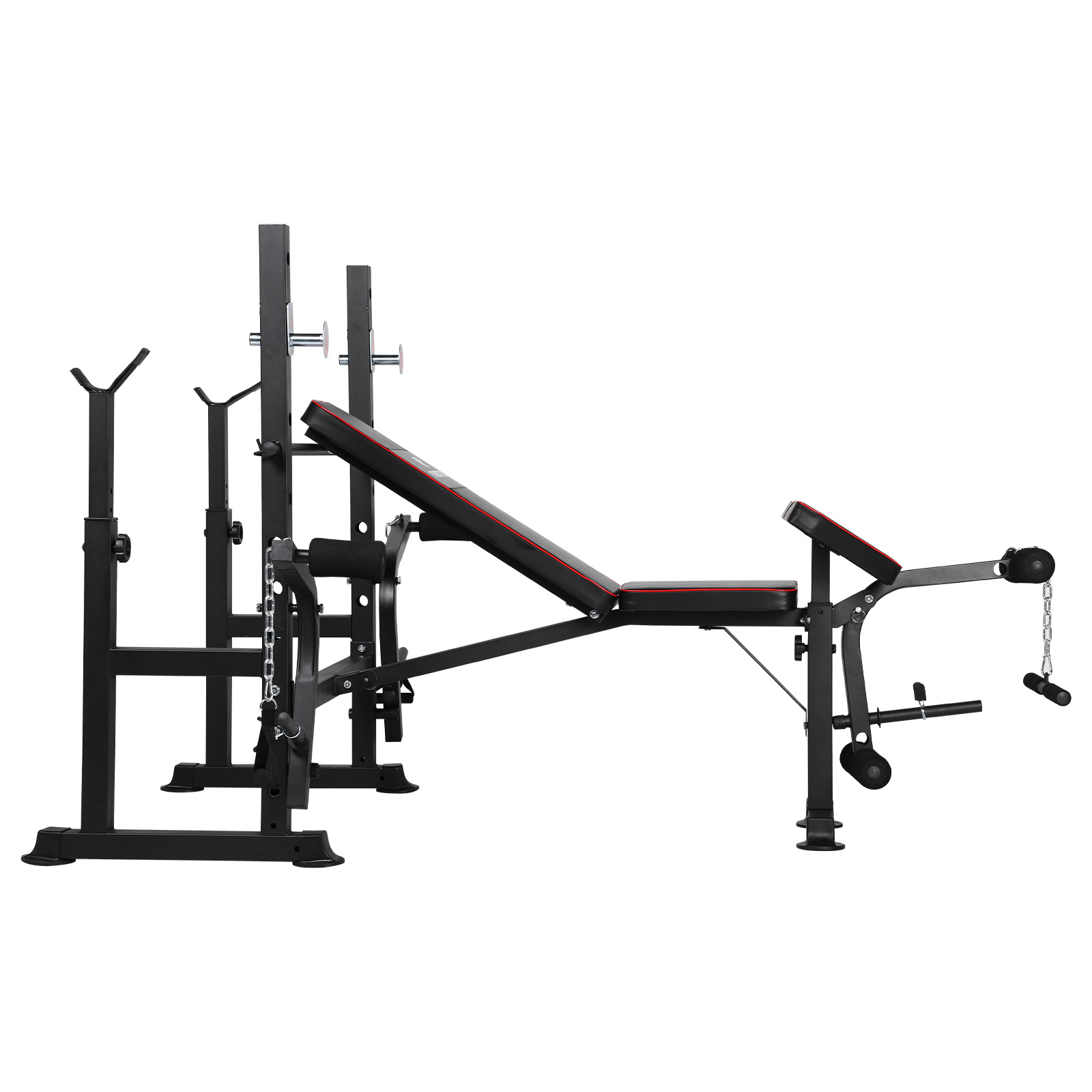 Banco de pesas. Marco negro, detalles rojos, logo Fitness Tech. Partes ajustables. Fondo blanco.