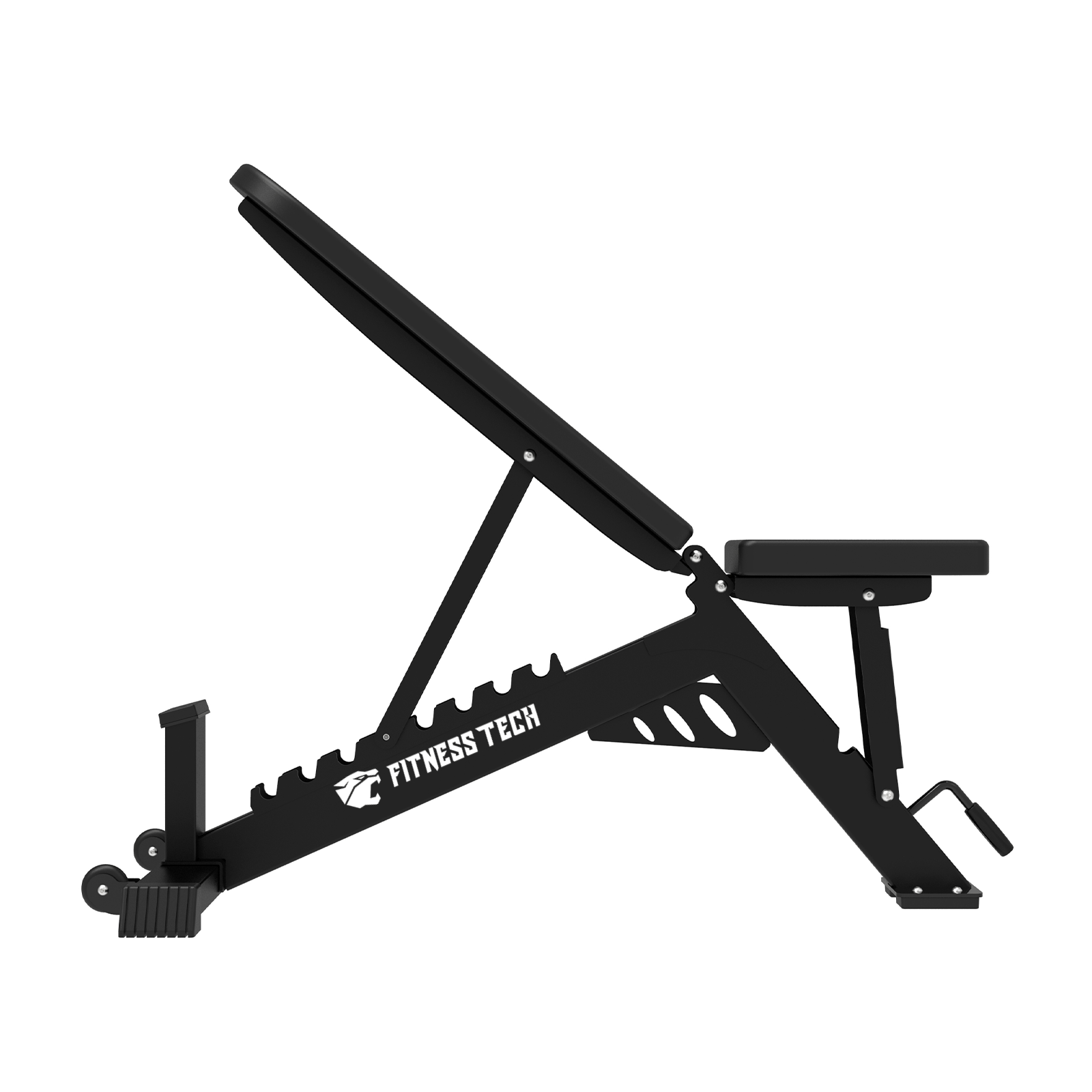 Banco de pesas negro ajustable con la marca Fitness Tech. El banco está inclinado sobre un fondo blanco.