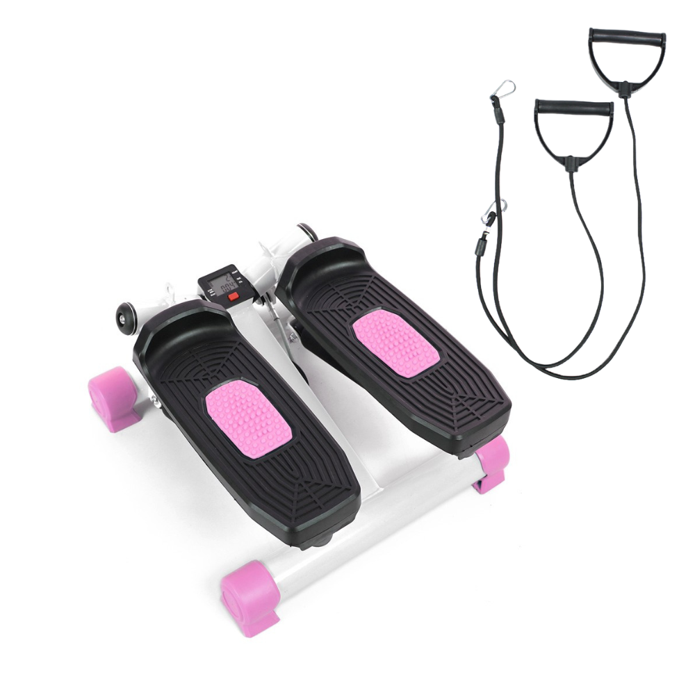 Una máquina de step blanca y rosa con una pantalla digital y bandas de resistencia negras con asas.