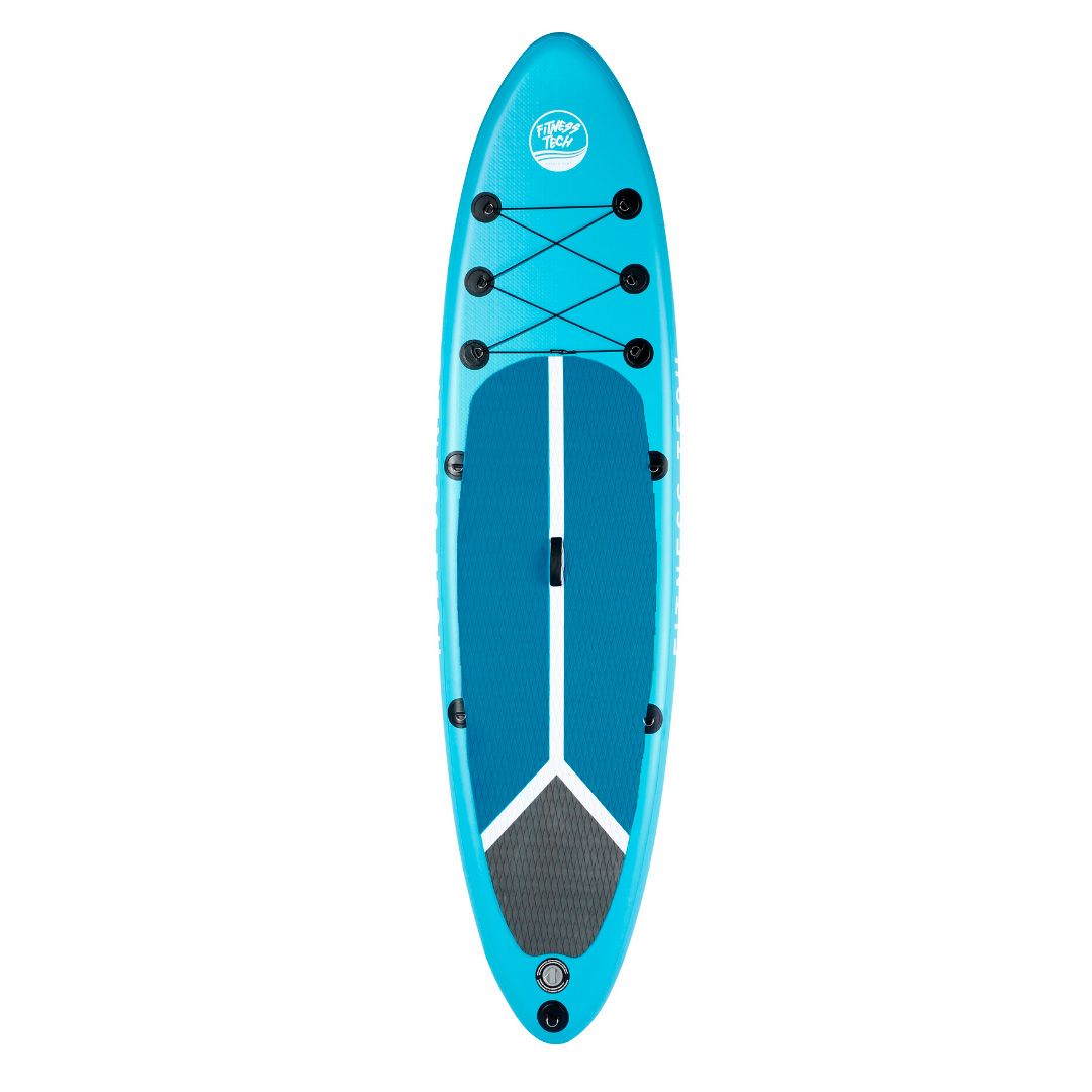 Tabla de paddle surf azul, vista superior, con diseño de rayas blancas y marca Fitness Tech. Blanco.