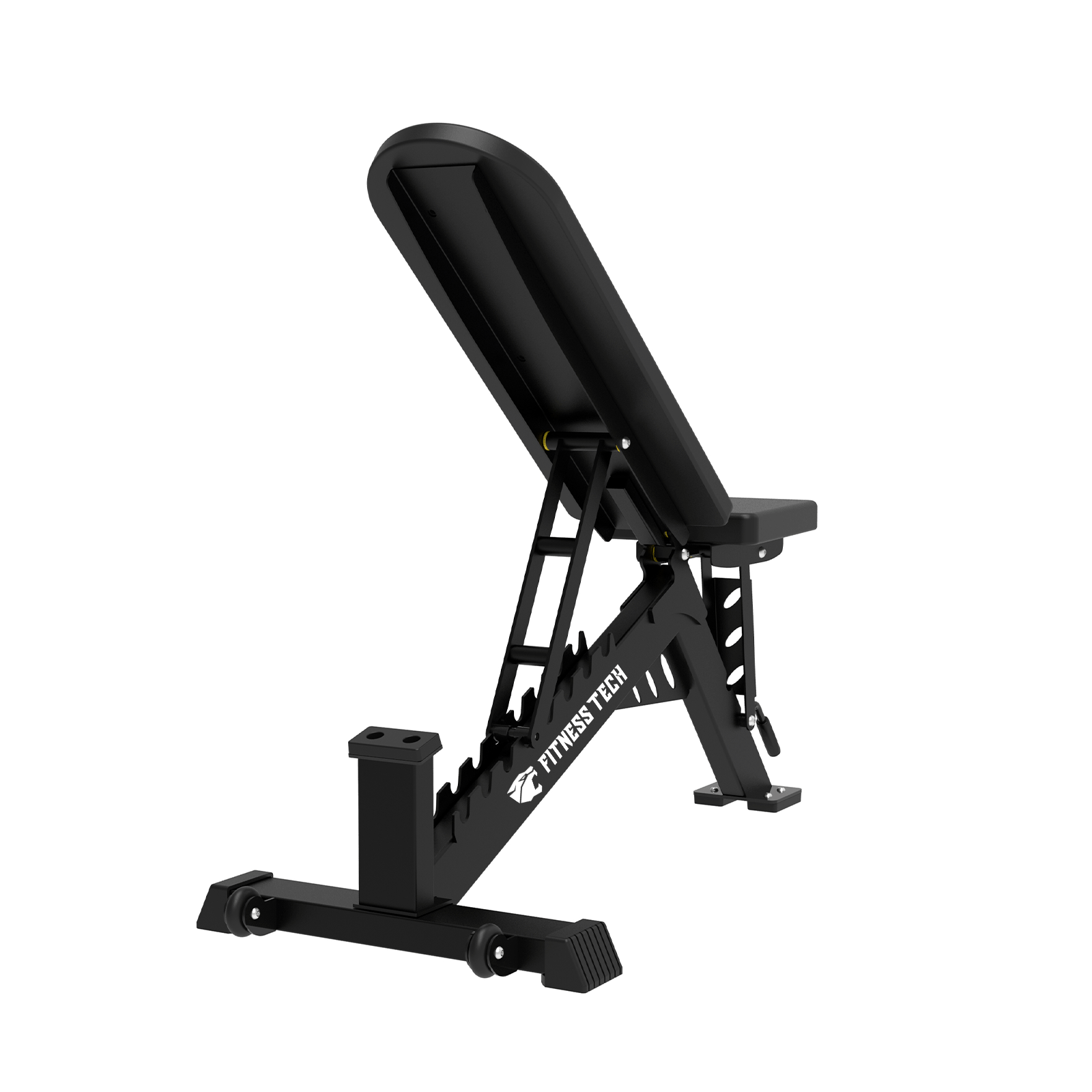 Banco de pesas negro Fitness Tech con respaldo inclinado y base negra, visto de lado.