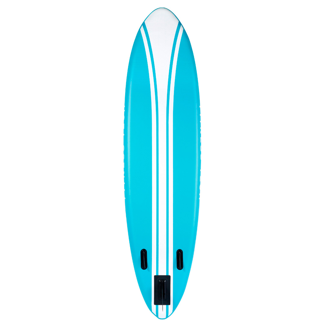 Tabla de paddle surf azul y blanca con diseño de rayas blancas. Fondo blanco. Marca Fitness Tech.