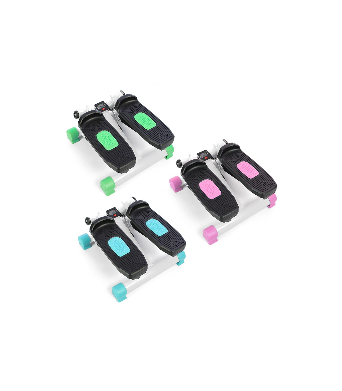 Tre paia di step machine nere, con pedane blu, verdi, rosa, su bianco.