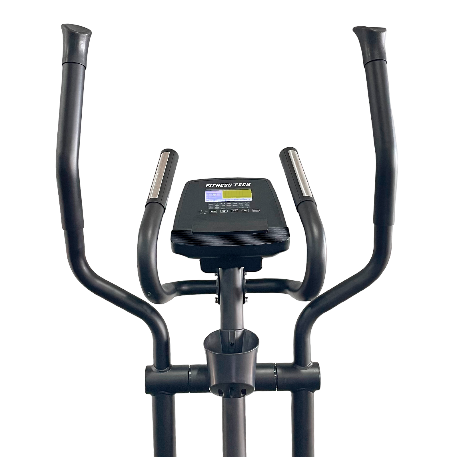 Máquina elíptica negra con pantalla y manijas 'FITNESS TECH', sobre fondo blanco.