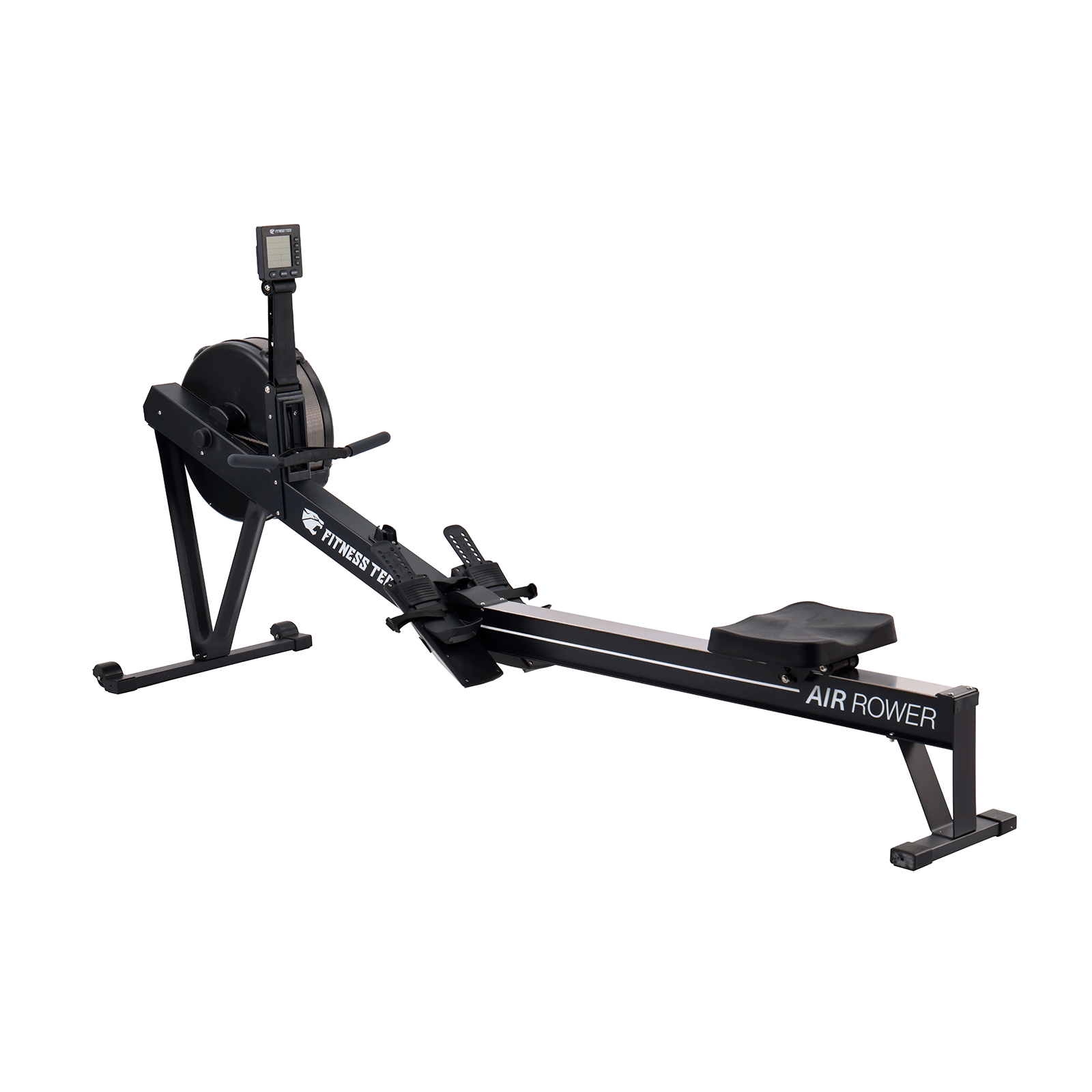 Rematore ad aria nero con testo 'AIR ROWER', 'FITNESS TECH', su sfondo bianco.