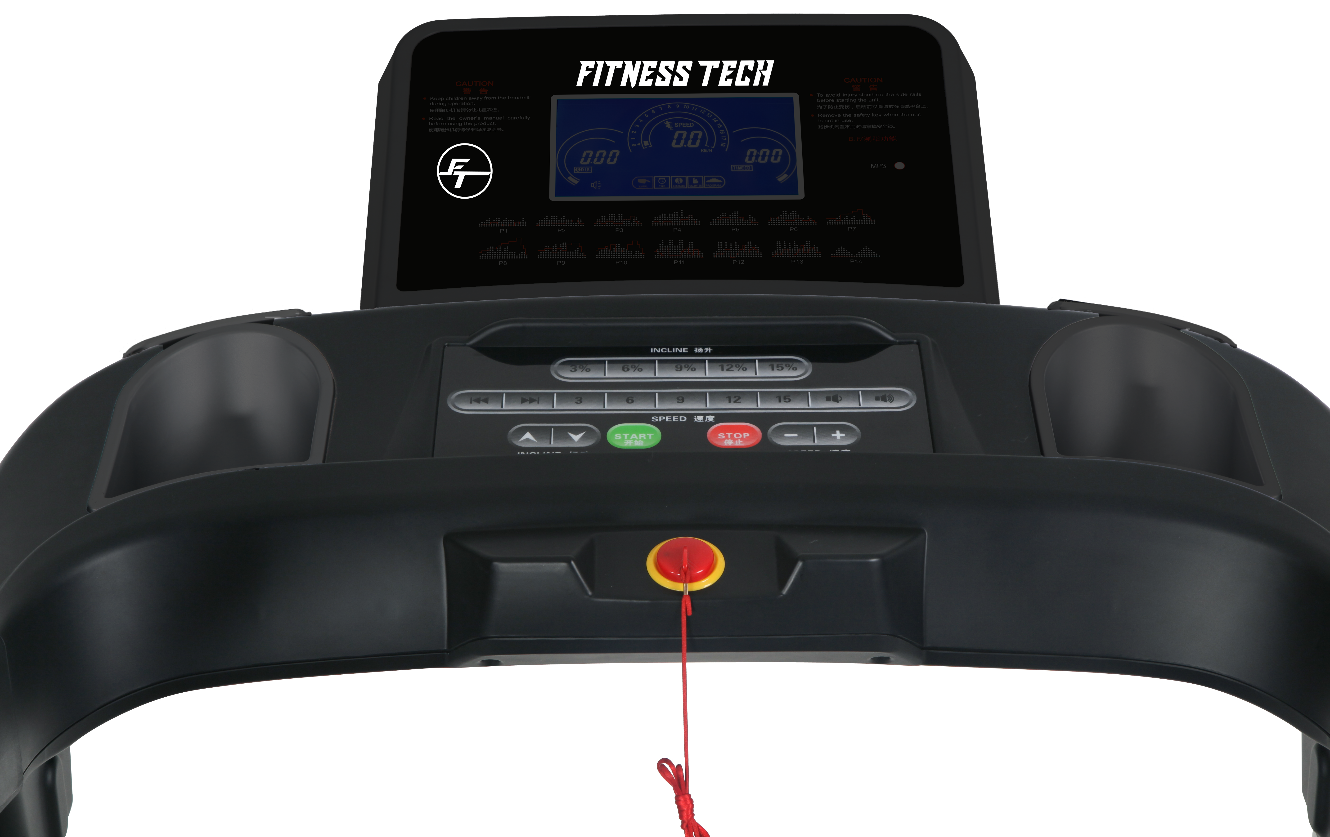 Cinta de correr negra con pantalla azul y botón rojo de parada. Logotipo Fitness Tech.