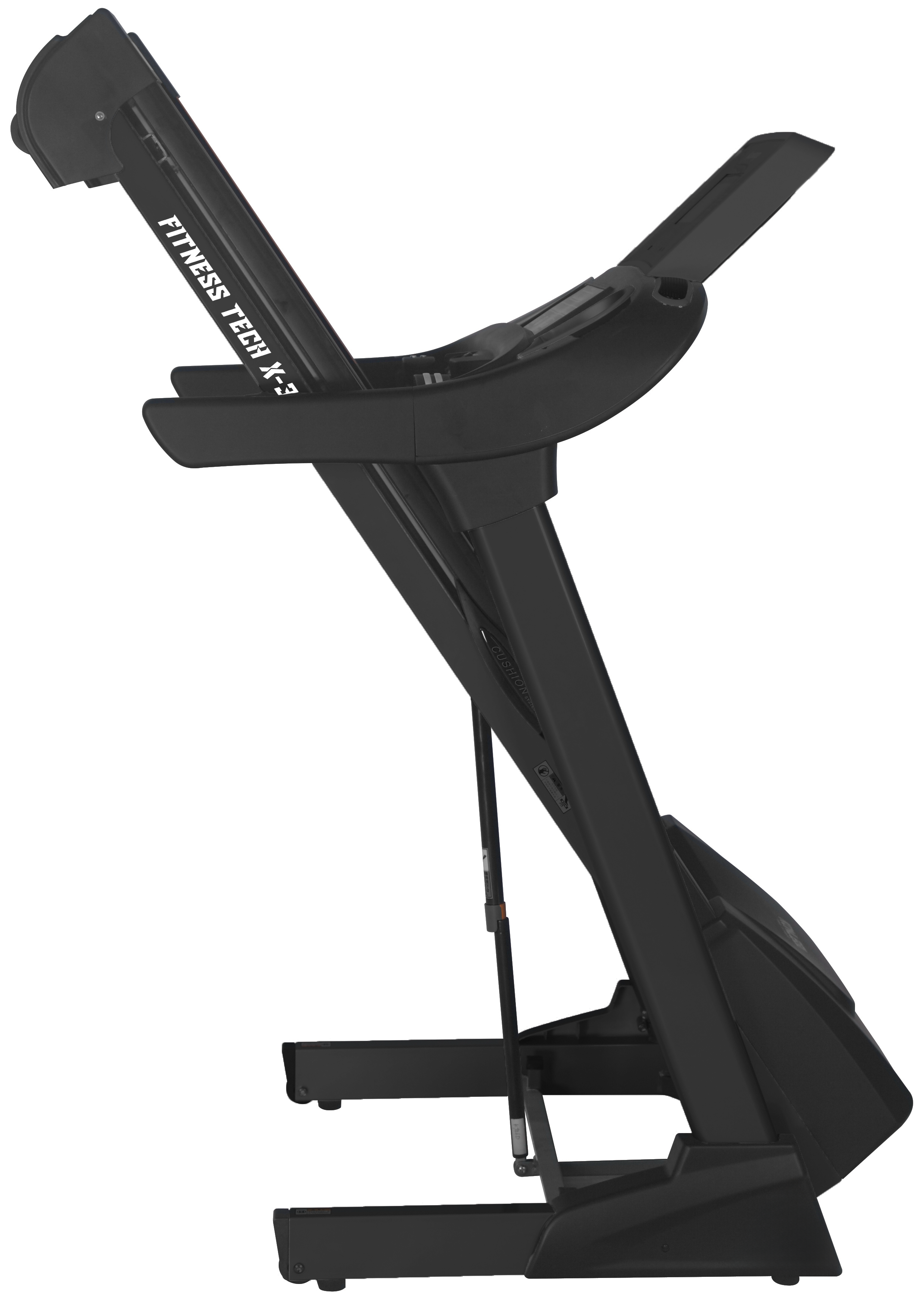 Cinta de correr negra con texto Fitness Tech en el lateral, vista lateral.
