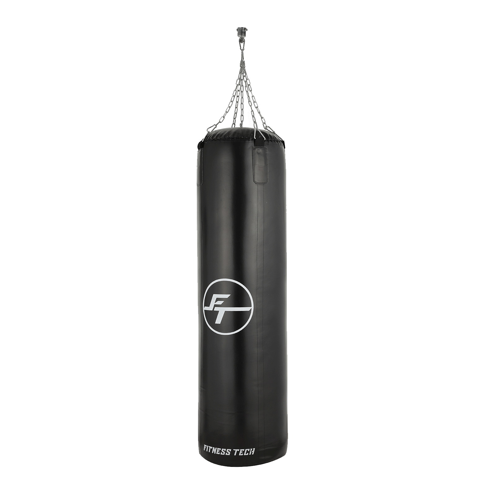 Saco de boxeo negro con logo blanco, colgado de una cadena, con texto Fitness Tech.