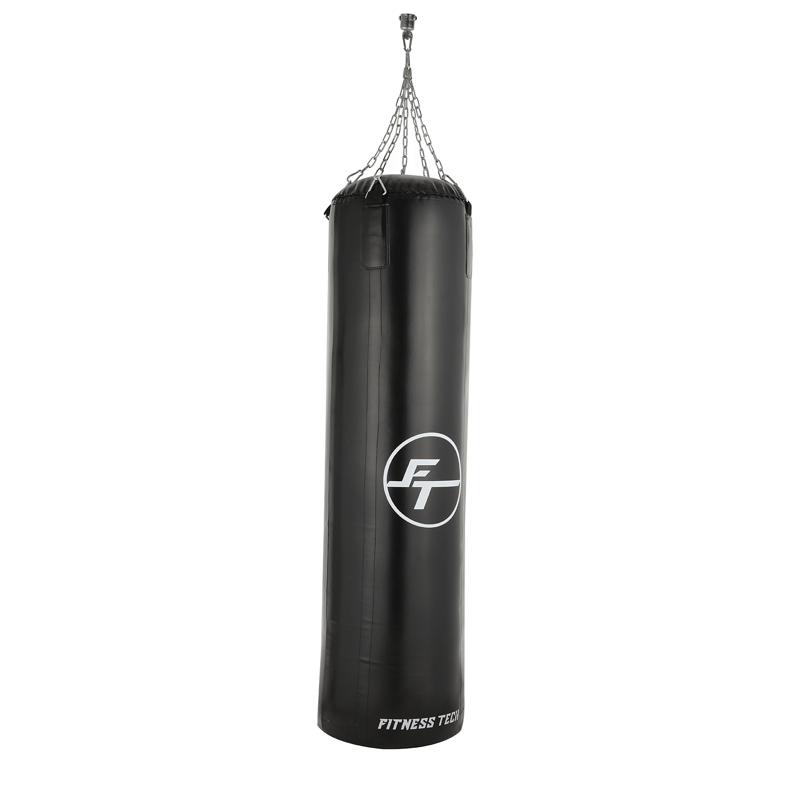 Saco de boxeo negro con logo blanco y texto Fitness Tech, colgado de una cadena.