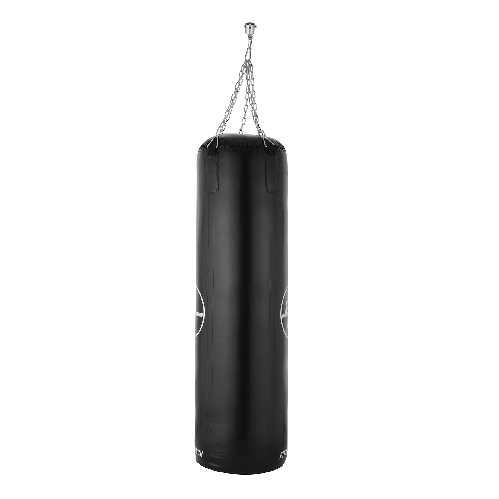 Saco de boxeo negro colgado de una cadena, con el logo de Fitness Tech visible.