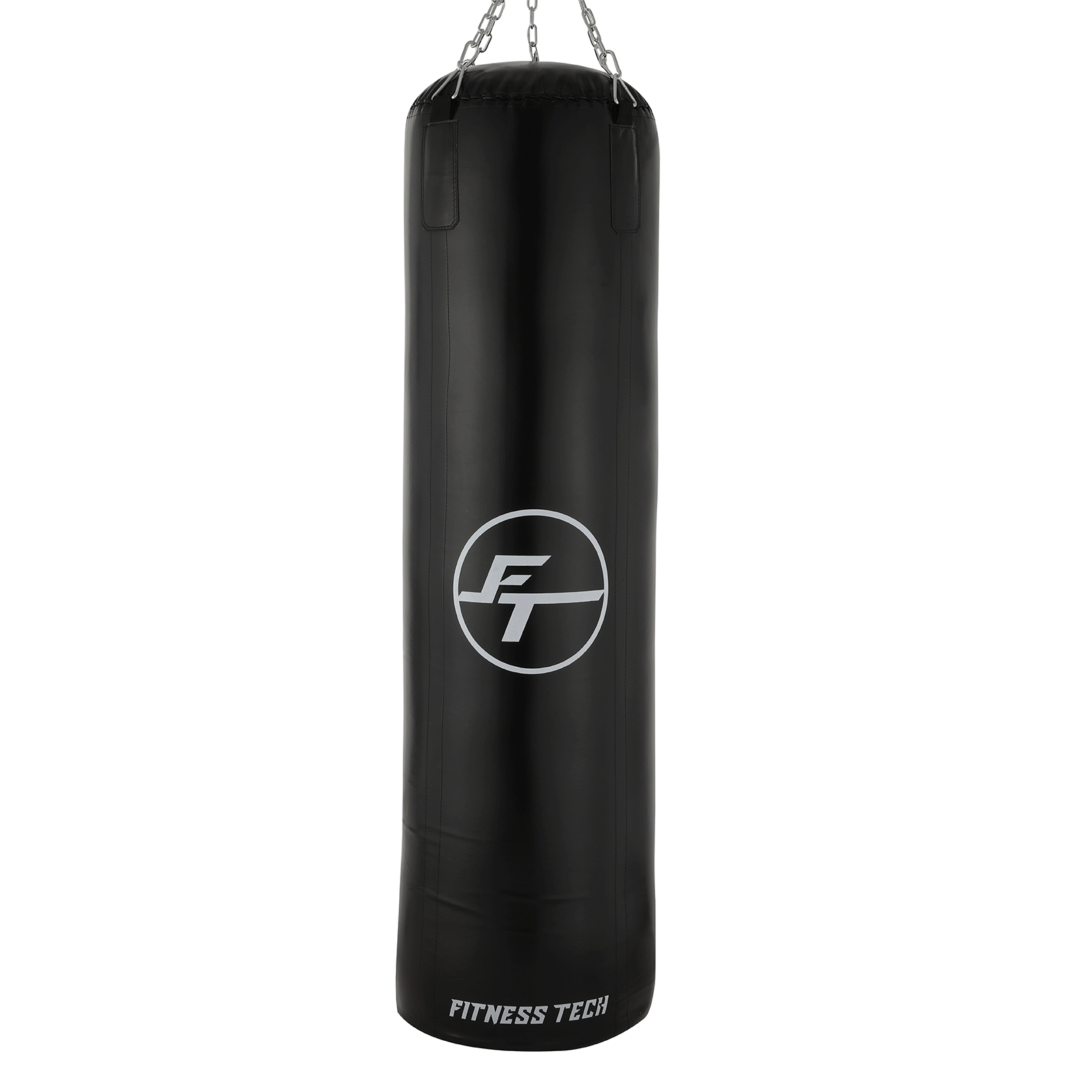 Saco de boxeo negro con texto Fitness Tech y logo blanco sobre fondo blanco.