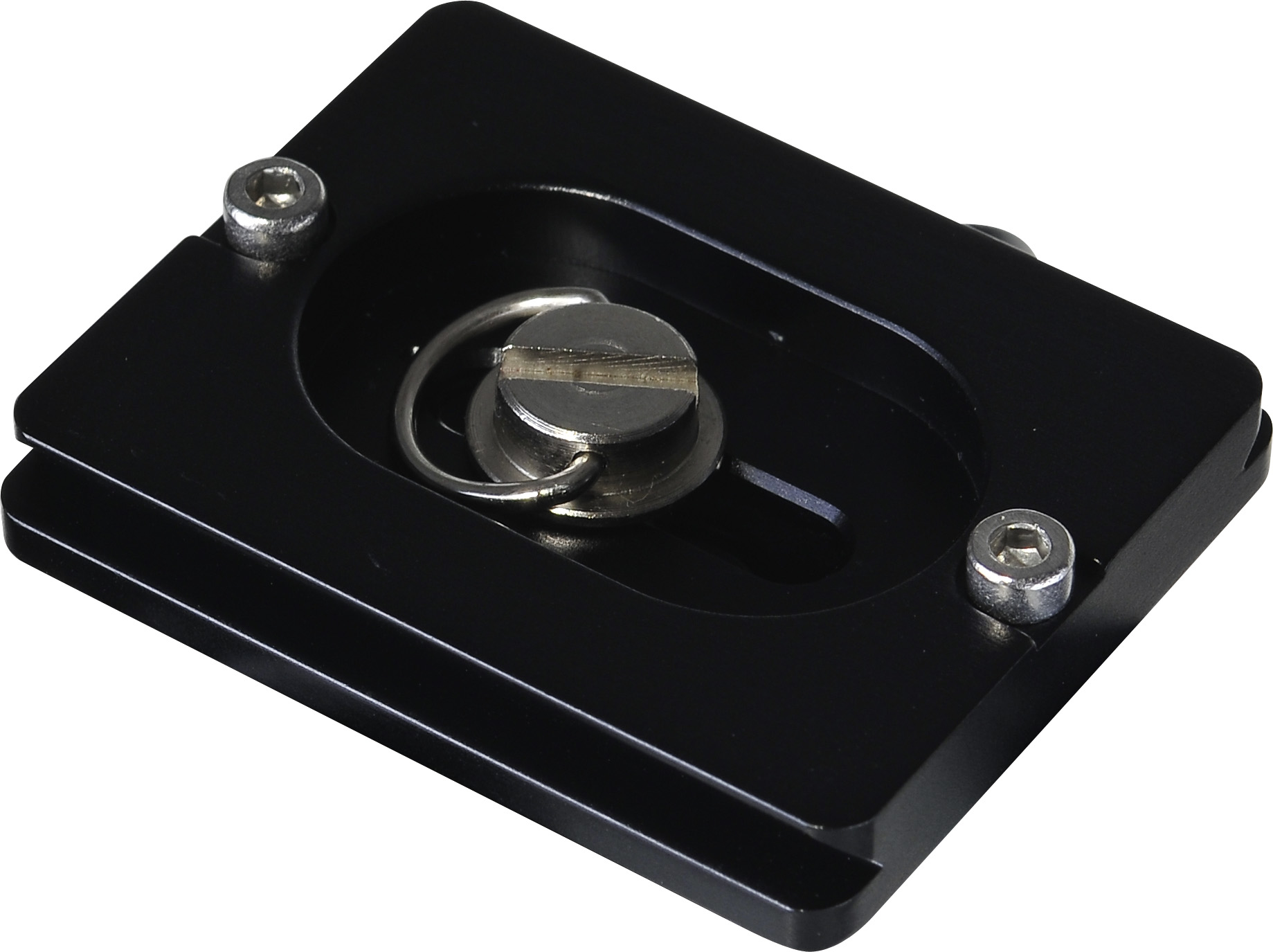 Schwarze Kamera-Schnellwechselplatte mit Ring und Schraube. Es ist rechteckig und hat eine glatte Oberfläche.