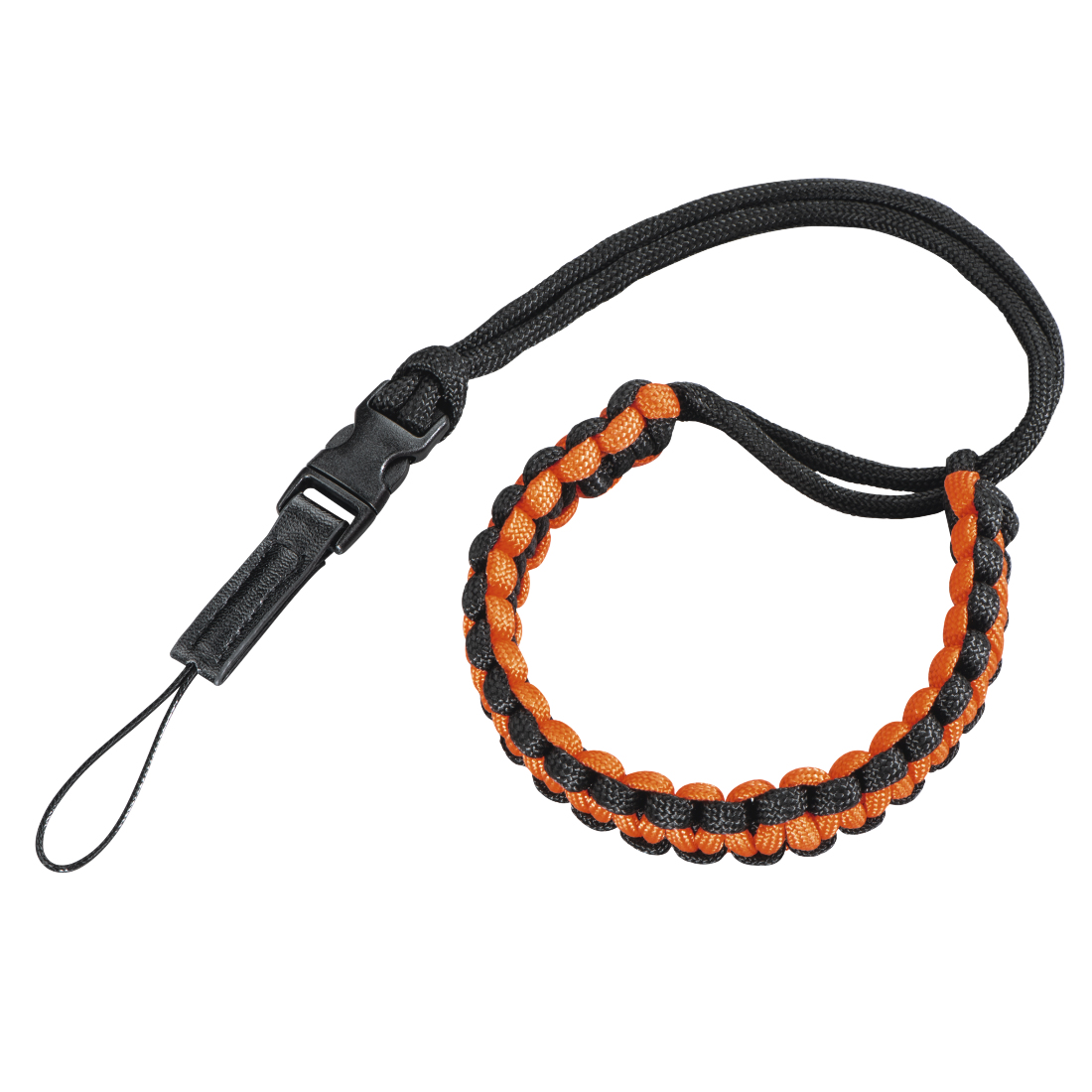 Bracelet noir et orange. Fermoir noir. Motif tissé noir et orange. Fond blanc.