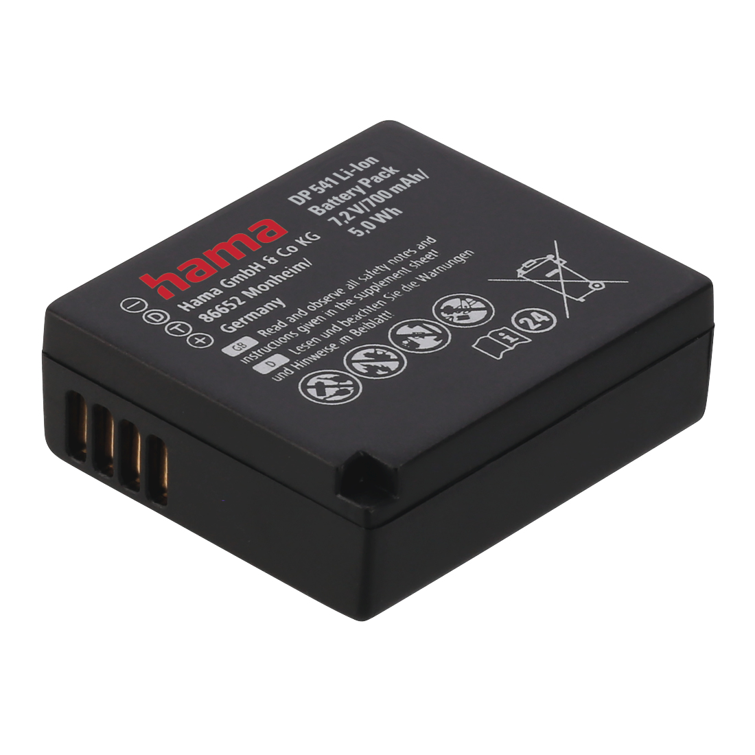 Batteria nera con testo bianco. Marchio Hama. Sfondo nero. Batteria nera. Testo sulla batteria.