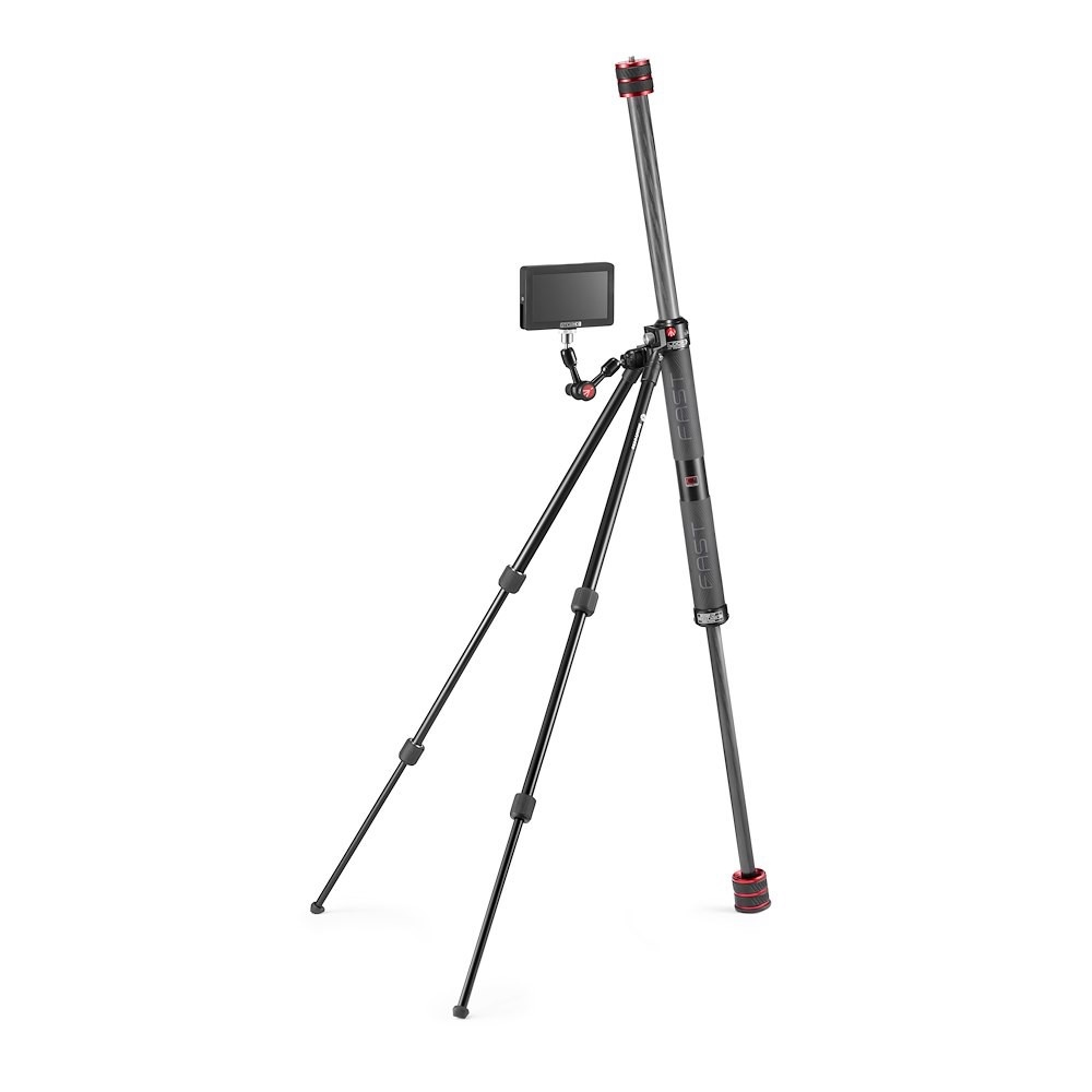 Treppiede per fotocamera nero, con schermo collegato. Accenti rossi su gambe e cima.