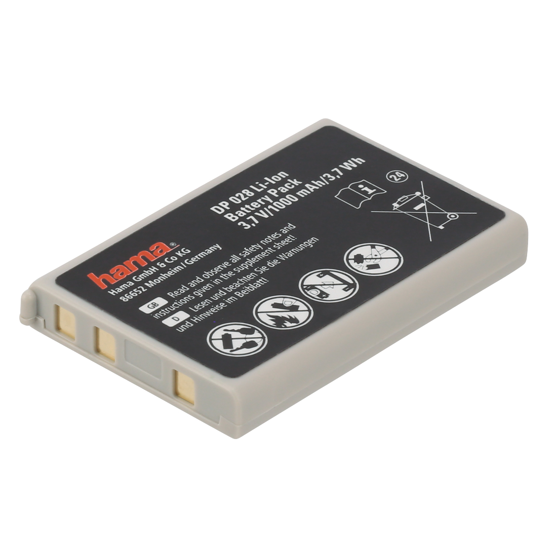 Graues Akku-Pack mit weißem Text auf dem Etikett. Die Batterie ist rechteckig.