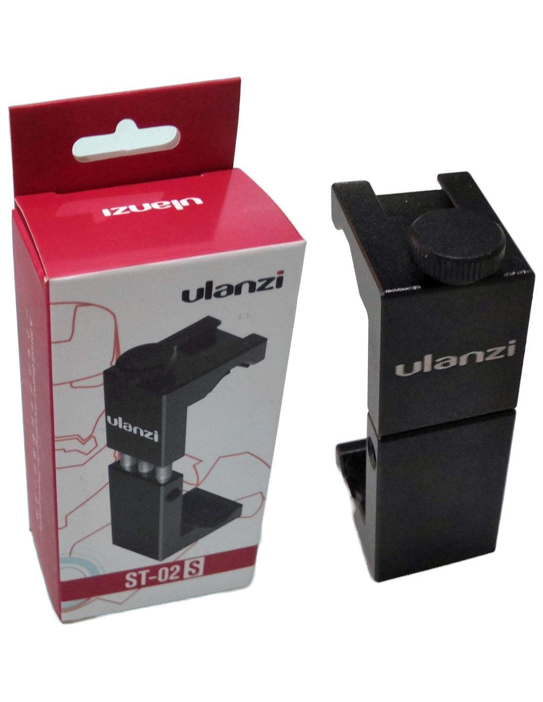 Accessoire de caméra noir et boîte Ulanzi rouge. La boîte indique ST-02 S, avec le logo Ulanzi.