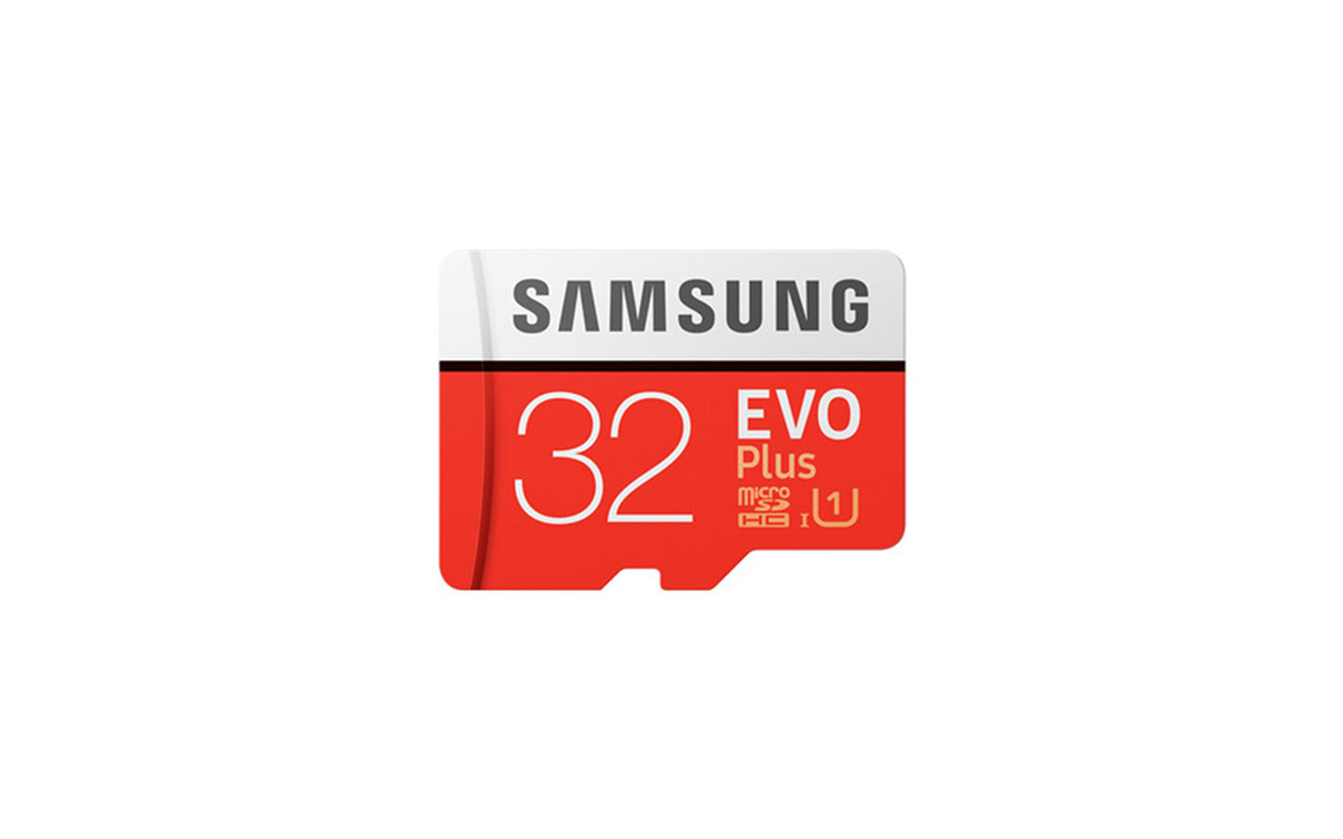 Rote und weiße Samsung-Speicherkarte. Die Karte zeigt 32 EVO Plus.