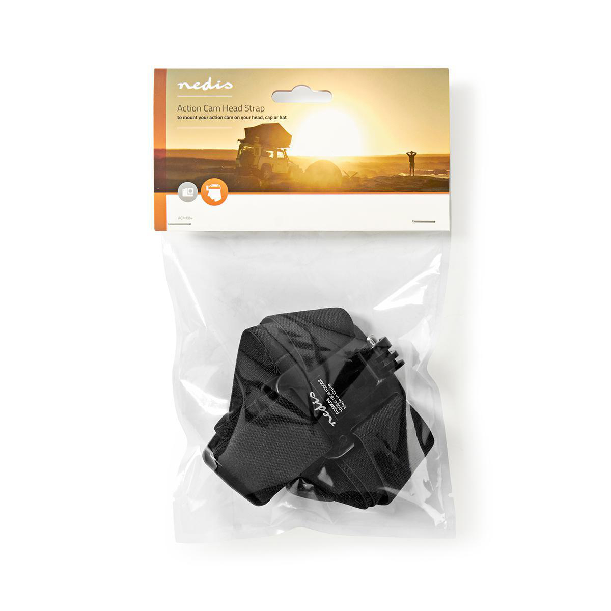 Action cam head strap in a transparent package. A sunset landscape is on the package.