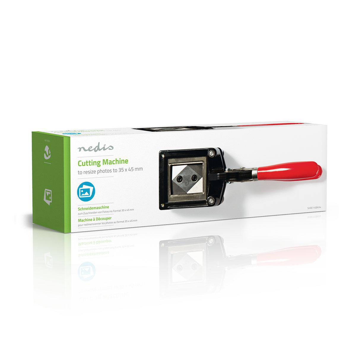 Eine weiße Box mit einem Fotoschneider wird gezeigt. Der Schneider ist schwarz und rot. Text: 'Cutting Machine'.