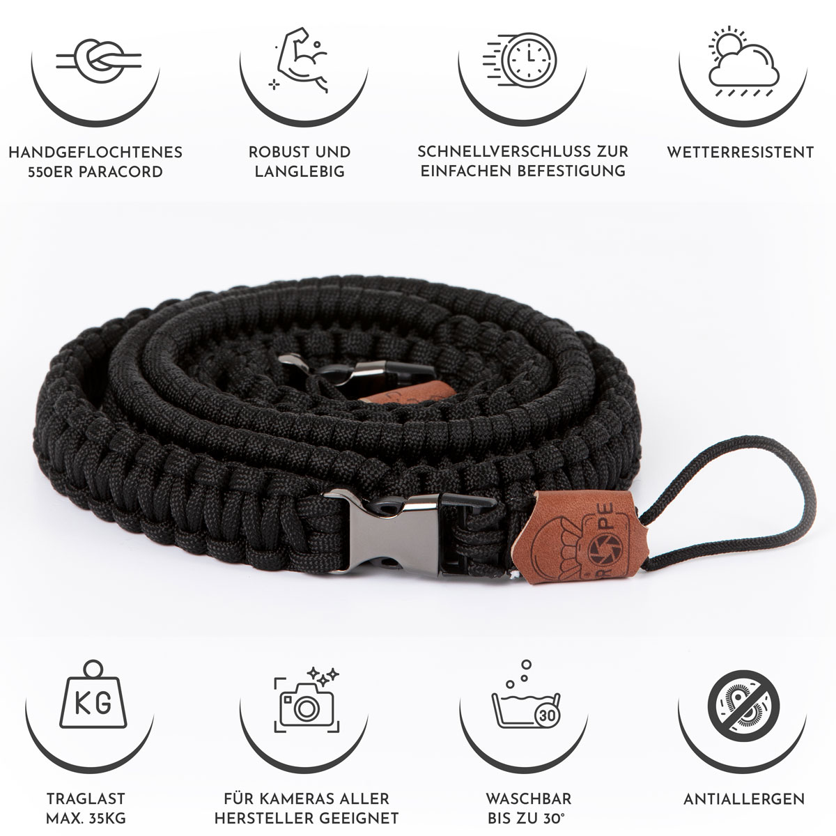 Ein schwarzer Kameragurt auf weißem Untergrund mit Symbolen und Text. Text: '550er Paracord'.