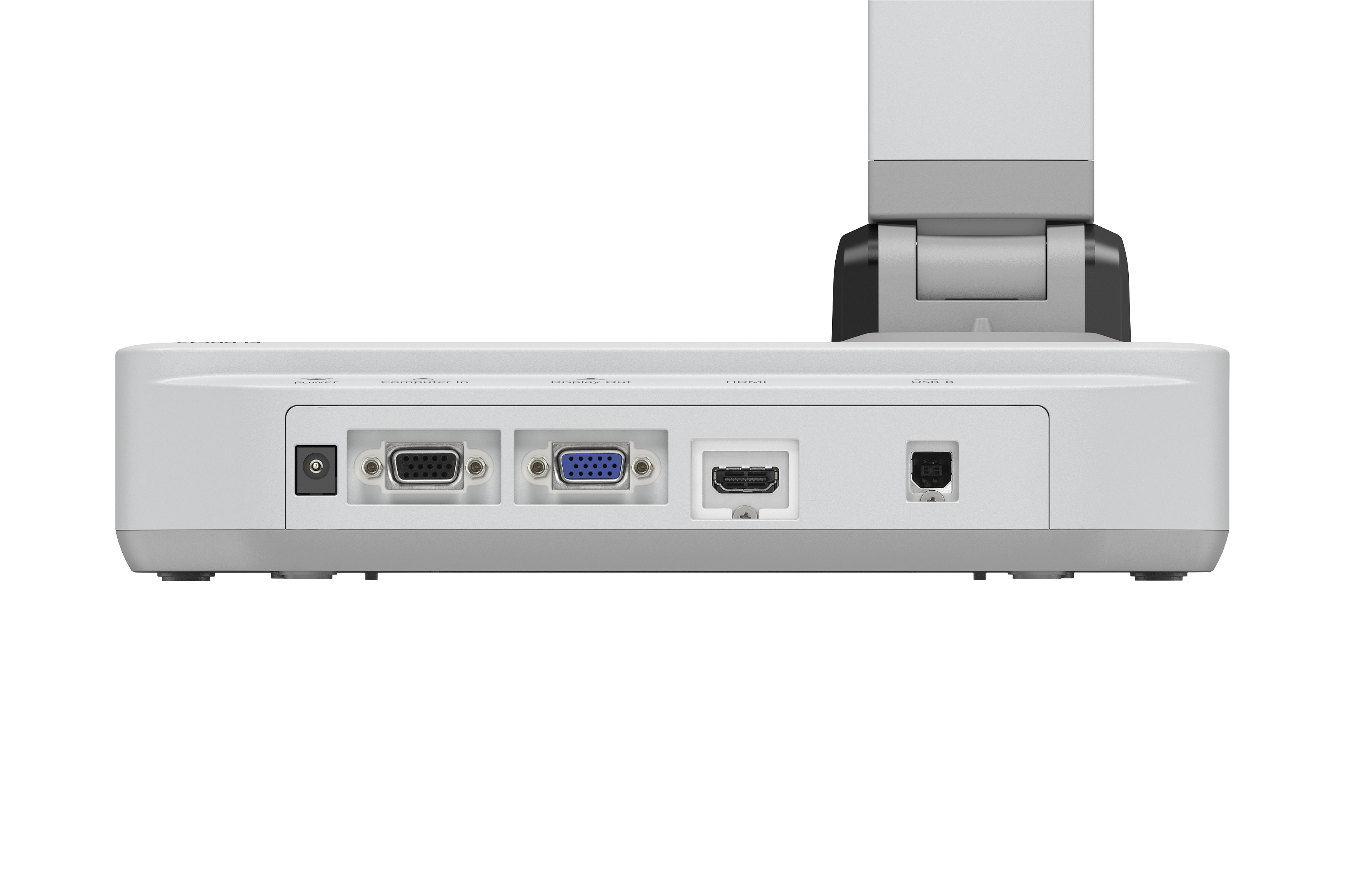 Retro di una telecamera per documenti Epson bianca e grigia con porte. HDMI, VGA e DC.