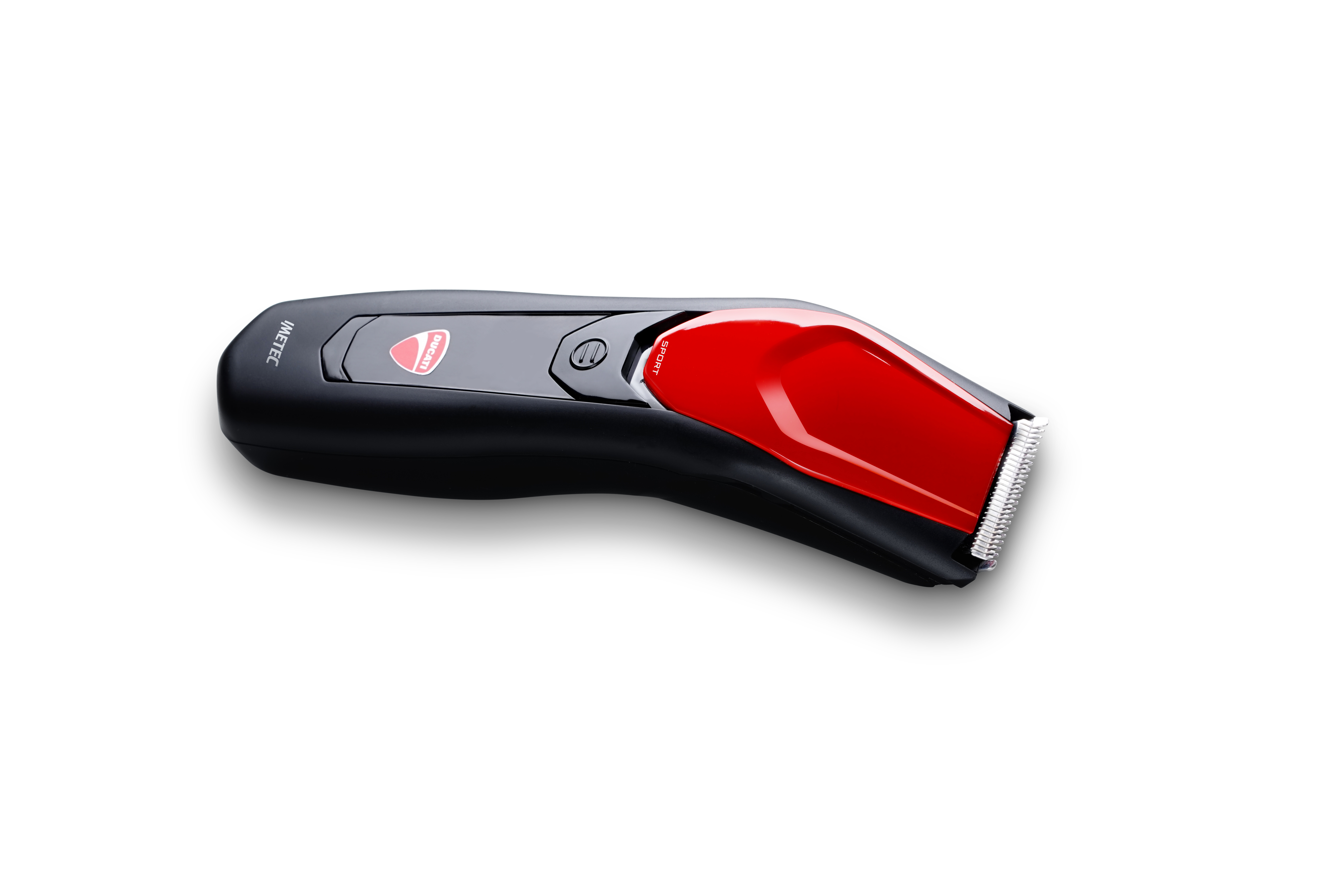 Un tagliacapelli nero e rosso con logo Ducati, su sfondo bianco.