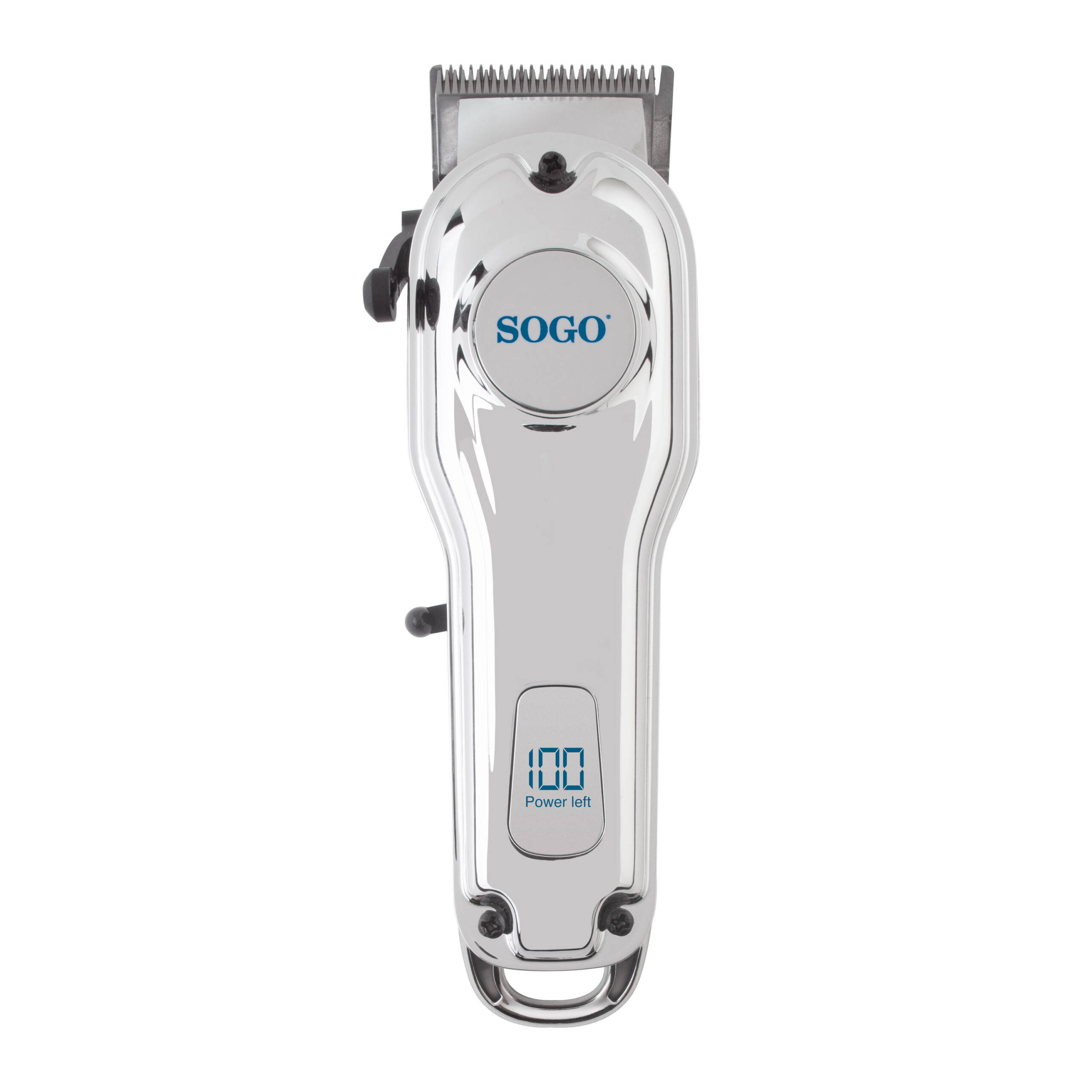 Una cortadora de cabello plateada y negra con una pantalla digital que muestra "100" y la marca "SOGO."