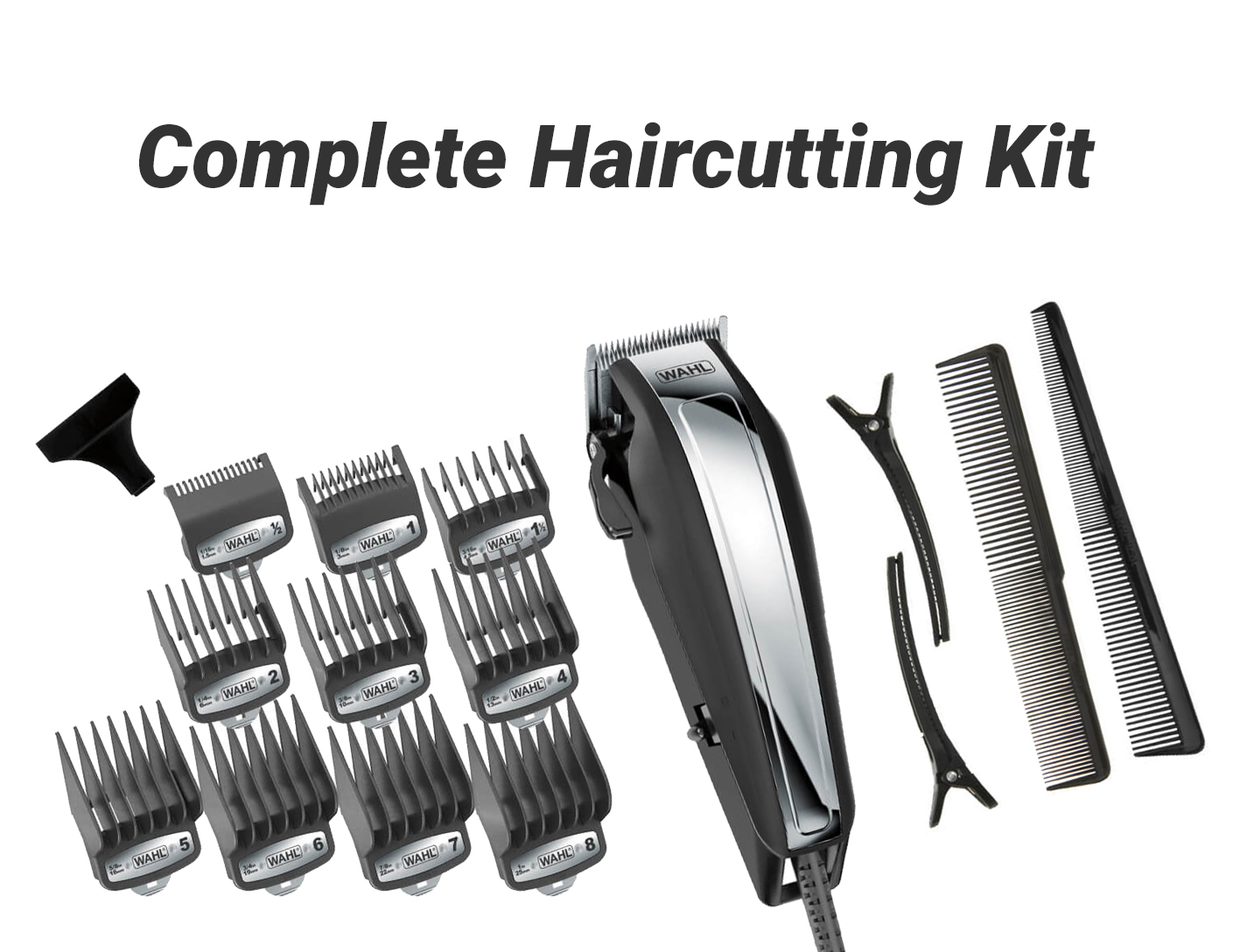 Ein komplettes Haarschneide-Set. Es beinhaltet einen Haarschneider, Kämme und anderes Zubehör.
