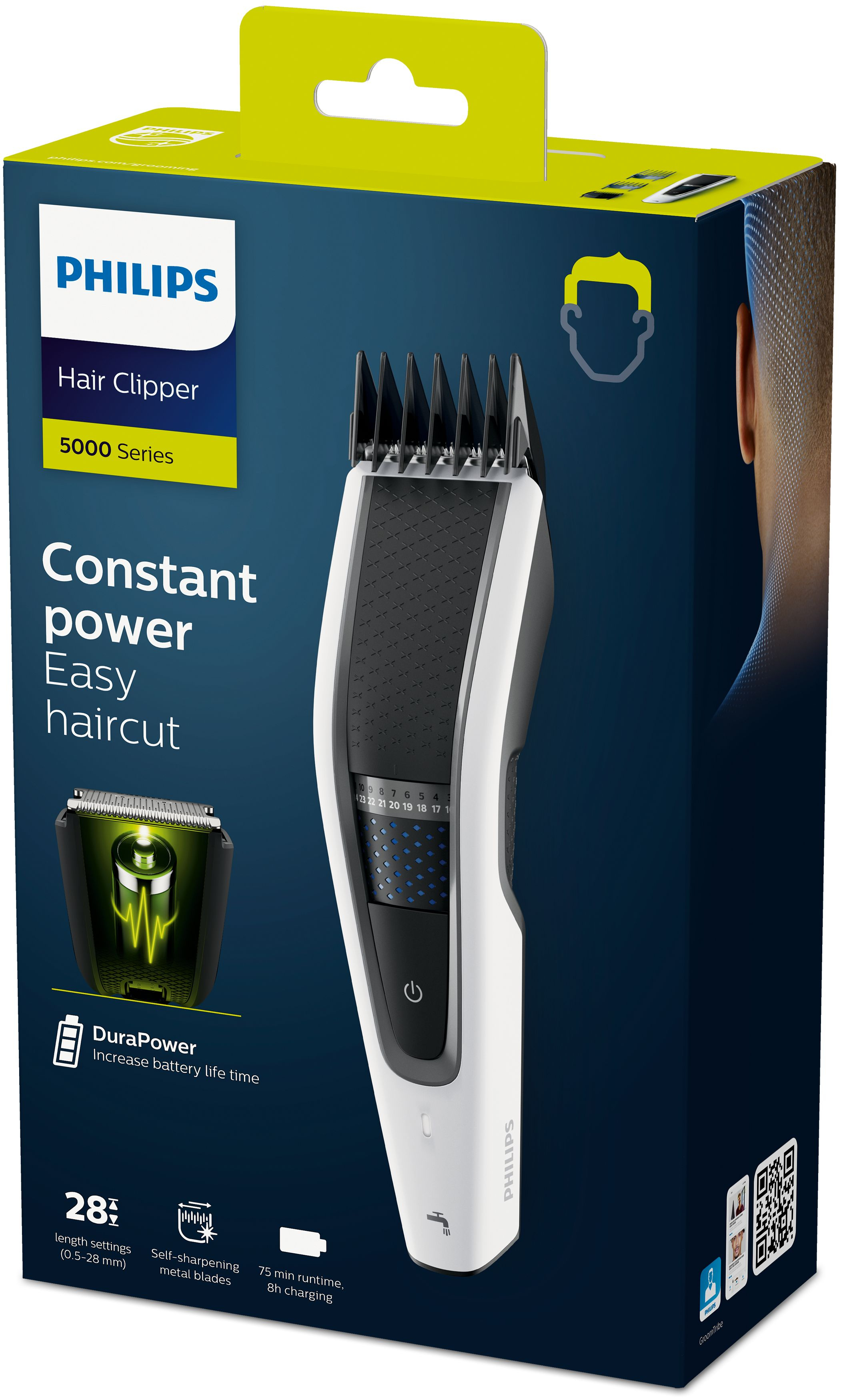 Caja de cortapelos con el logo Philips y detalles del producto sobre fondo azul oscuro.