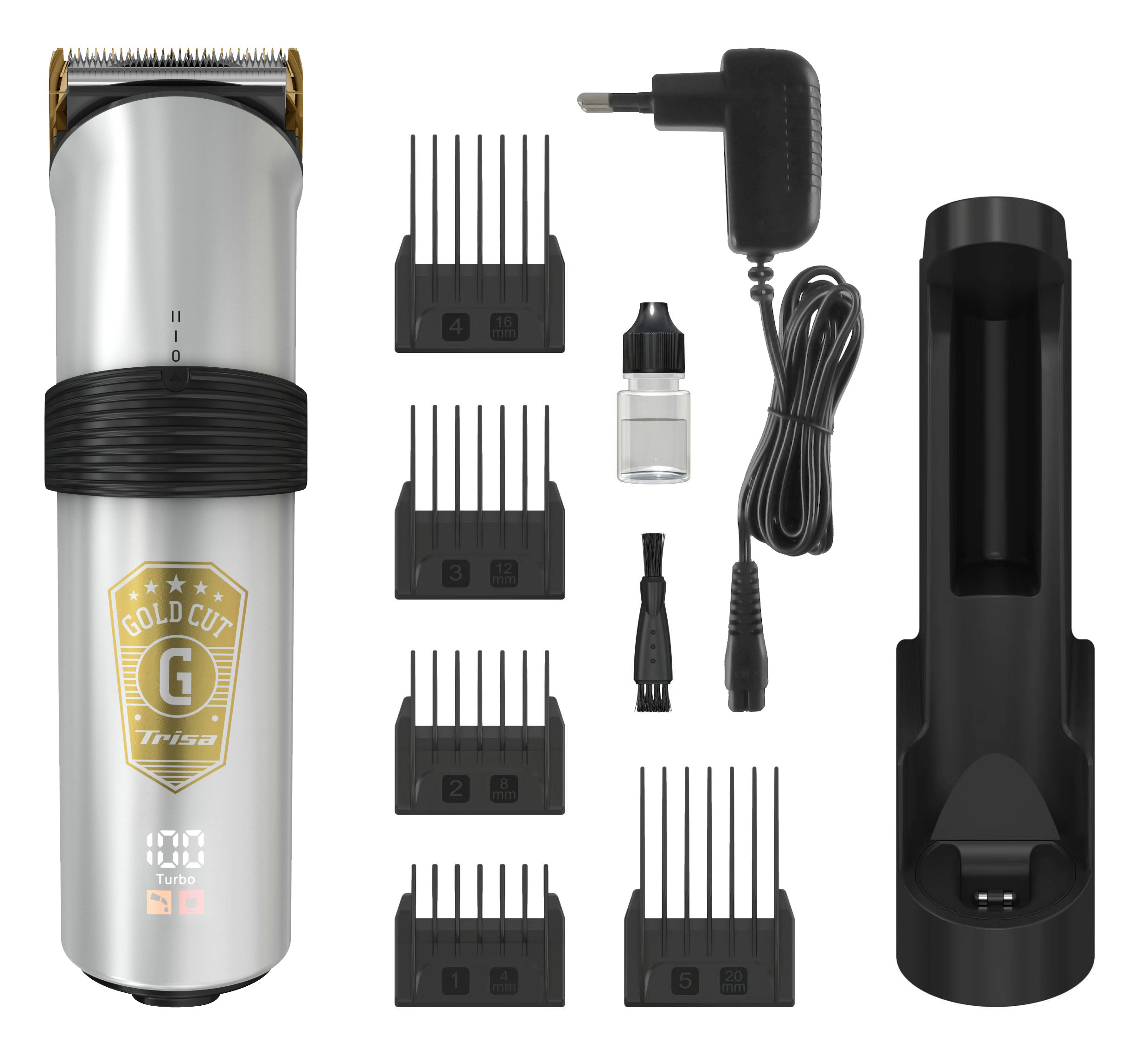 Ein Trisa Gold Cut Haarschneider mit Zubehör, darunter Kämme, Öl und ein Ladegerät.