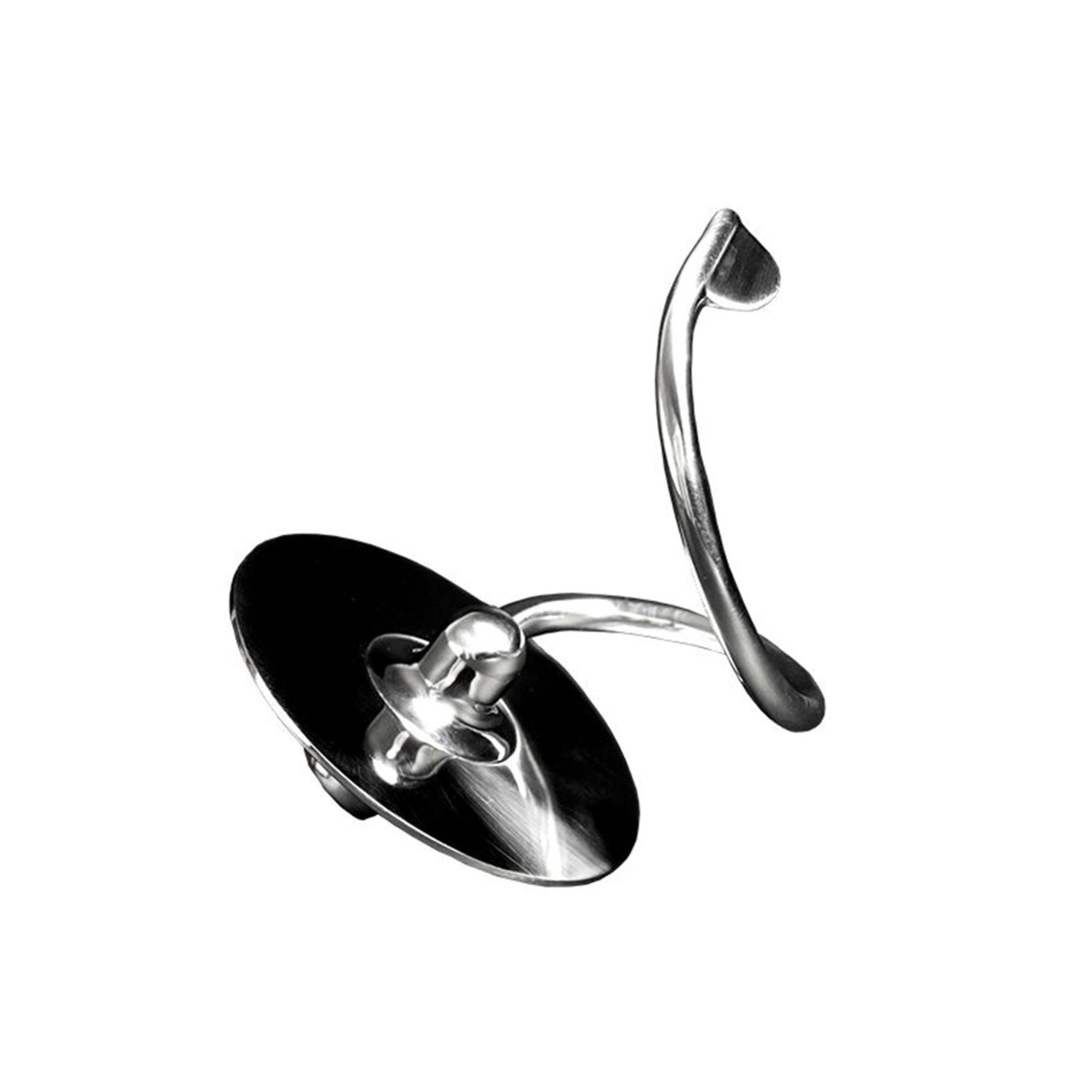 Ein Edelstahl-Mixeraufsatz mit geschwungenem Design.